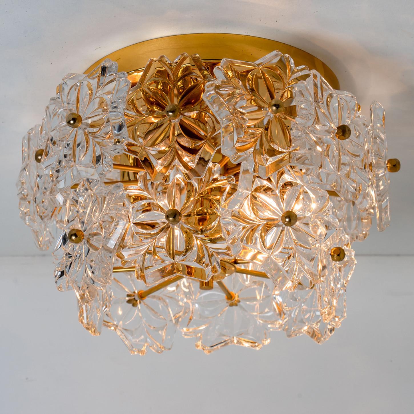 Glass and Brass Floral Two Tiers Flush Mount, Germany, 1970s In Good Condition For Sale In Rijssen, NL