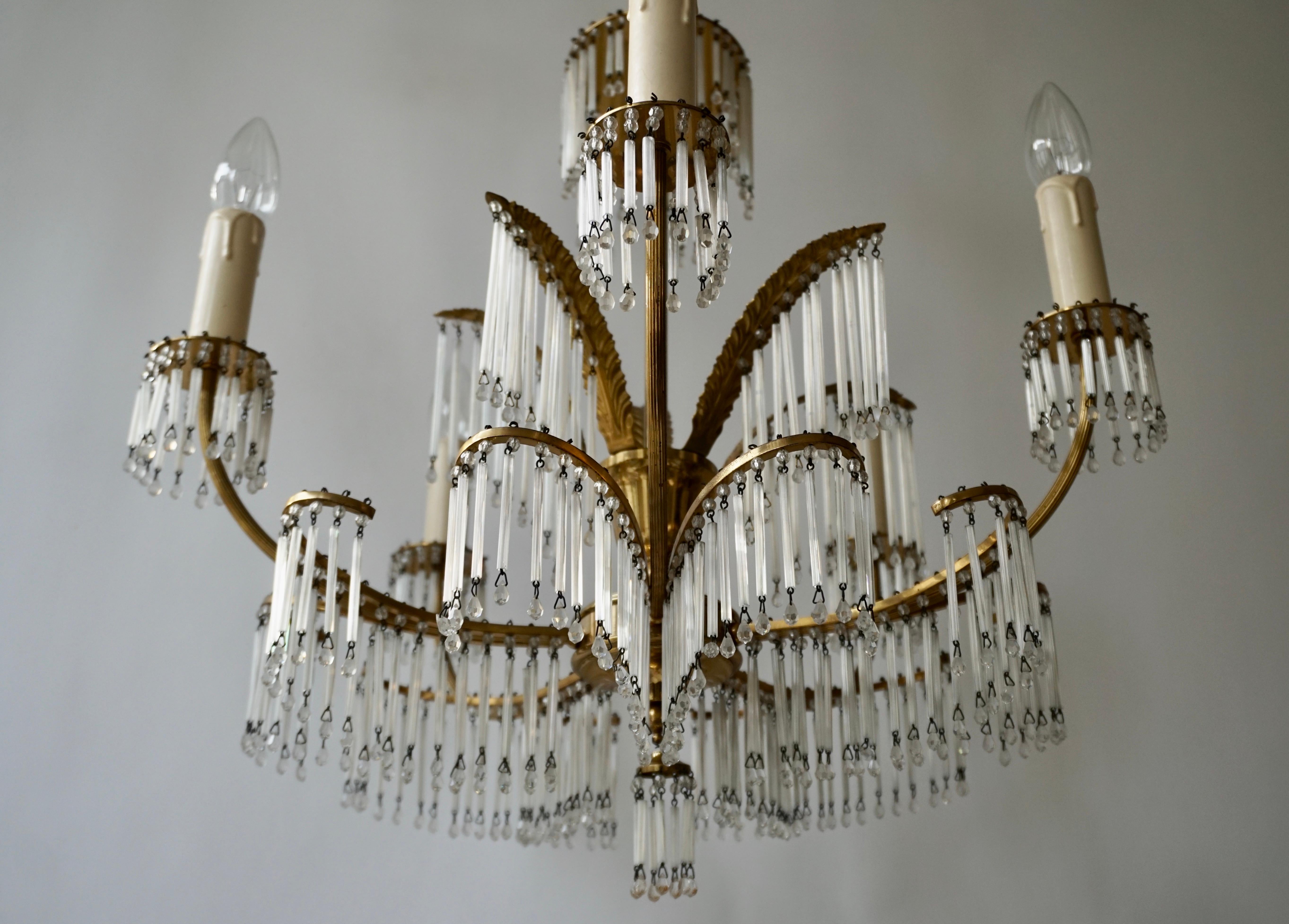 Glass and Brass Gilt Palm Leaf Chandelier in the Style of Maison Jansen For Sale 4