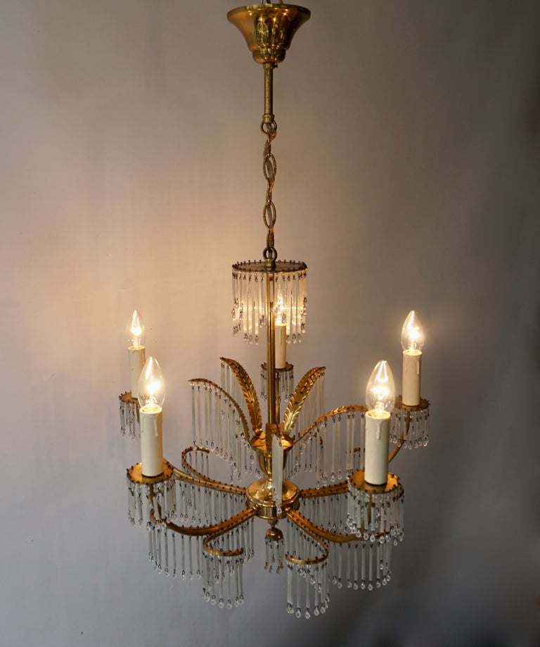 Hollywood Regency Glass and Brass Gilt Palm Leaf Chandelier in the Style of Maison Jansen For Sale