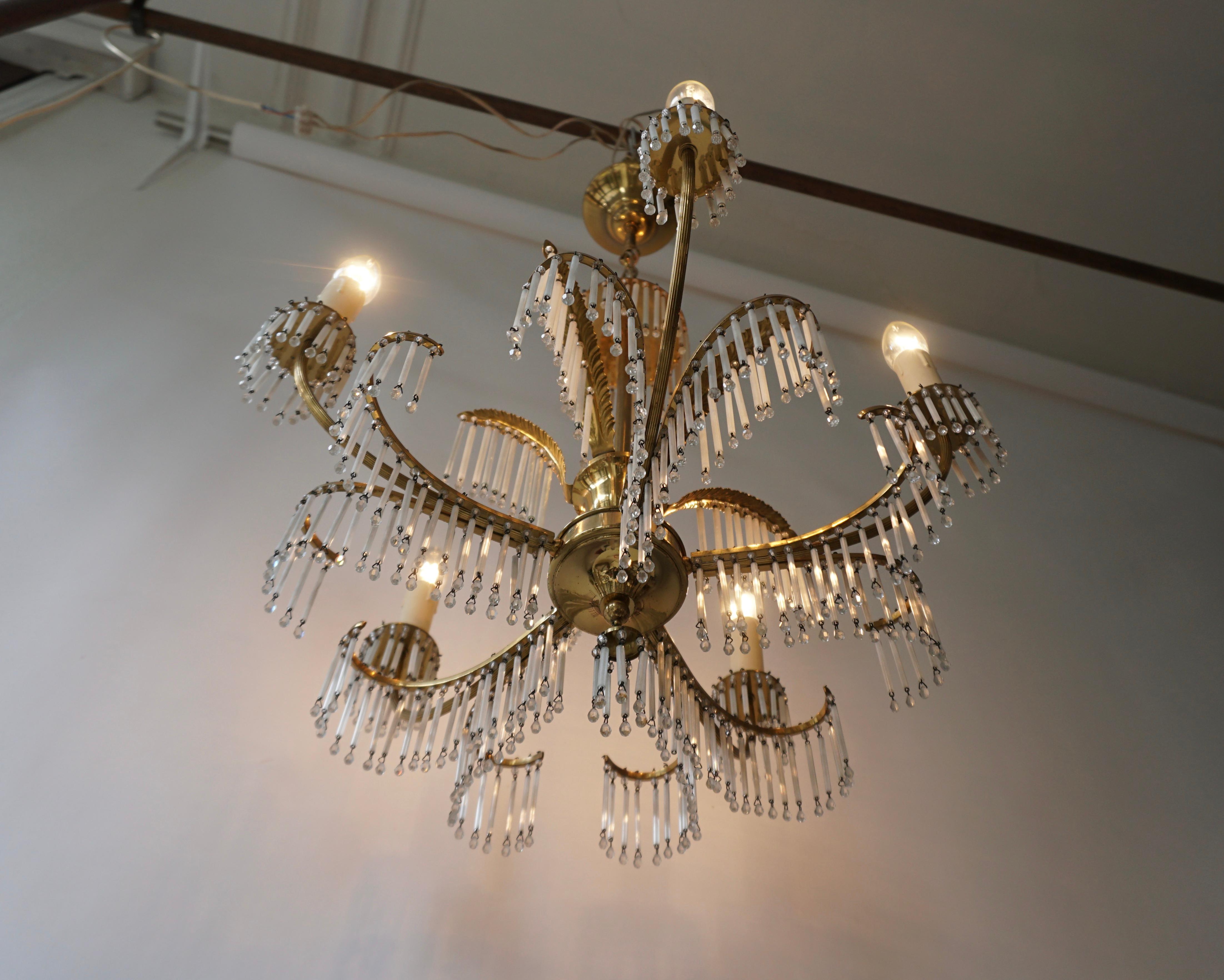 20th Century Glass and Brass Gilt Palm Leaf Chandelier in the Style of Maison Jansen