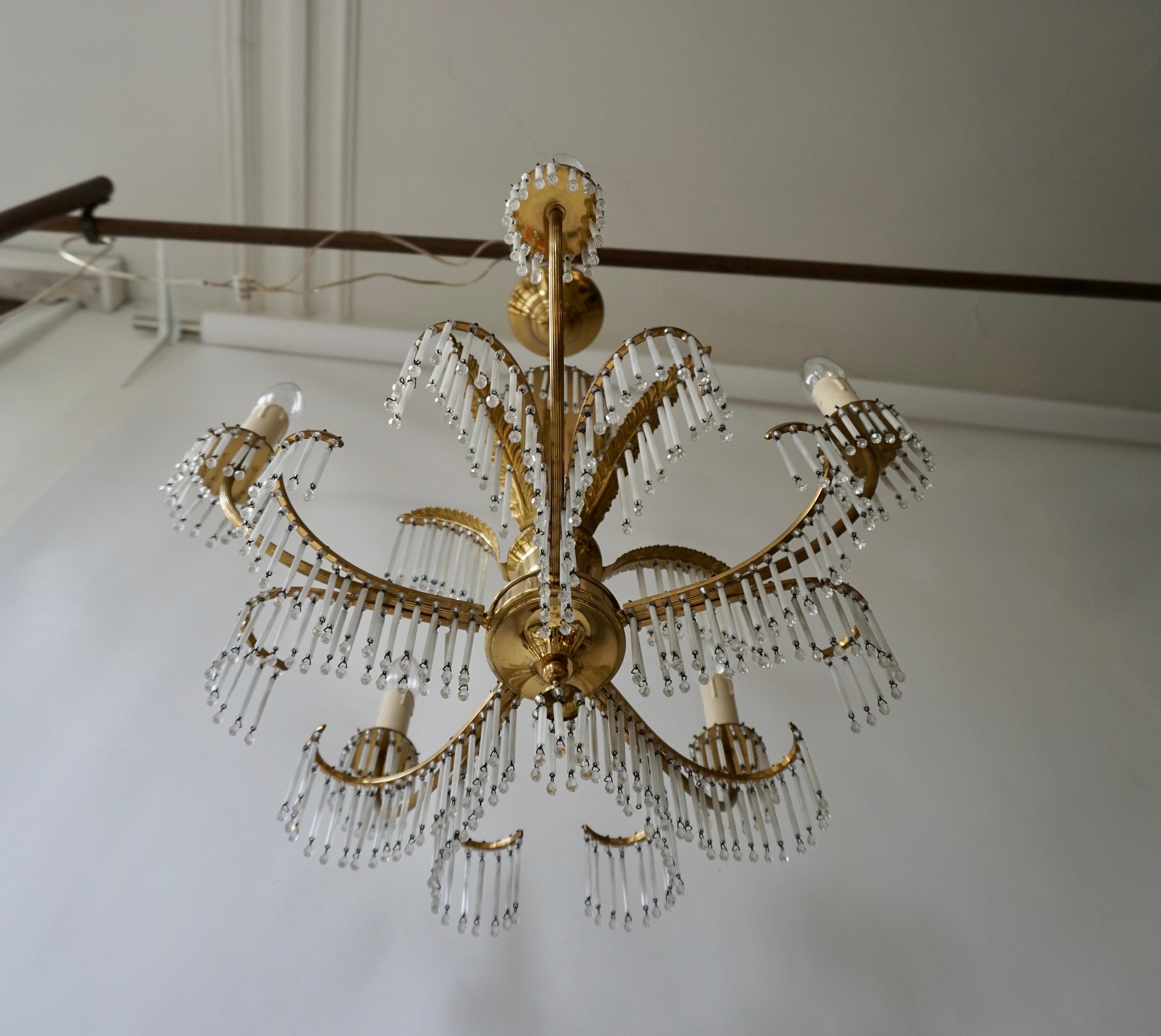 Glass and Brass Gilt Palm Leaf Chandelier in the Style of Maison Jansen For Sale 1