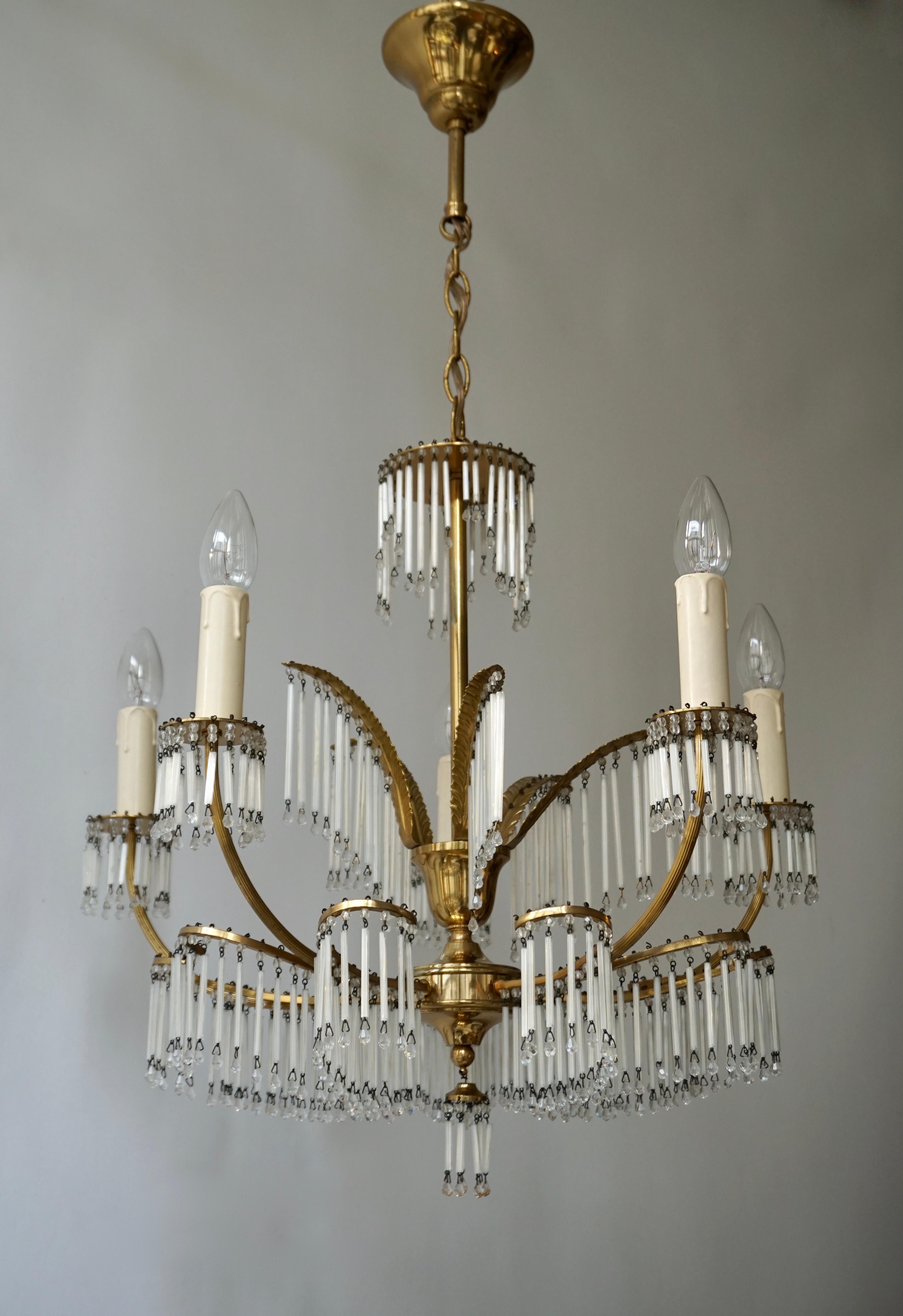 Glass and Brass Gilt Palm Leaf Chandelier in the Style of Maison Jansen For Sale 2