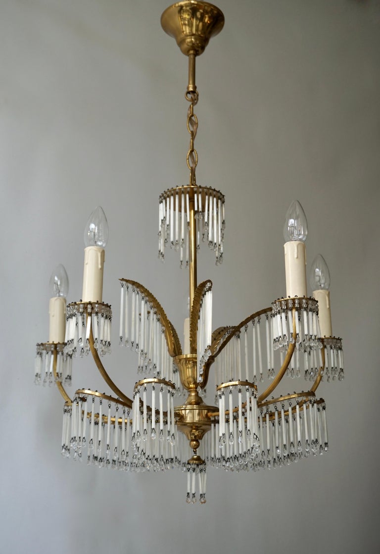 Glass and Brass Gilt Palm Leaf Chandelier in the Style of Maison Jansen For Sale 2