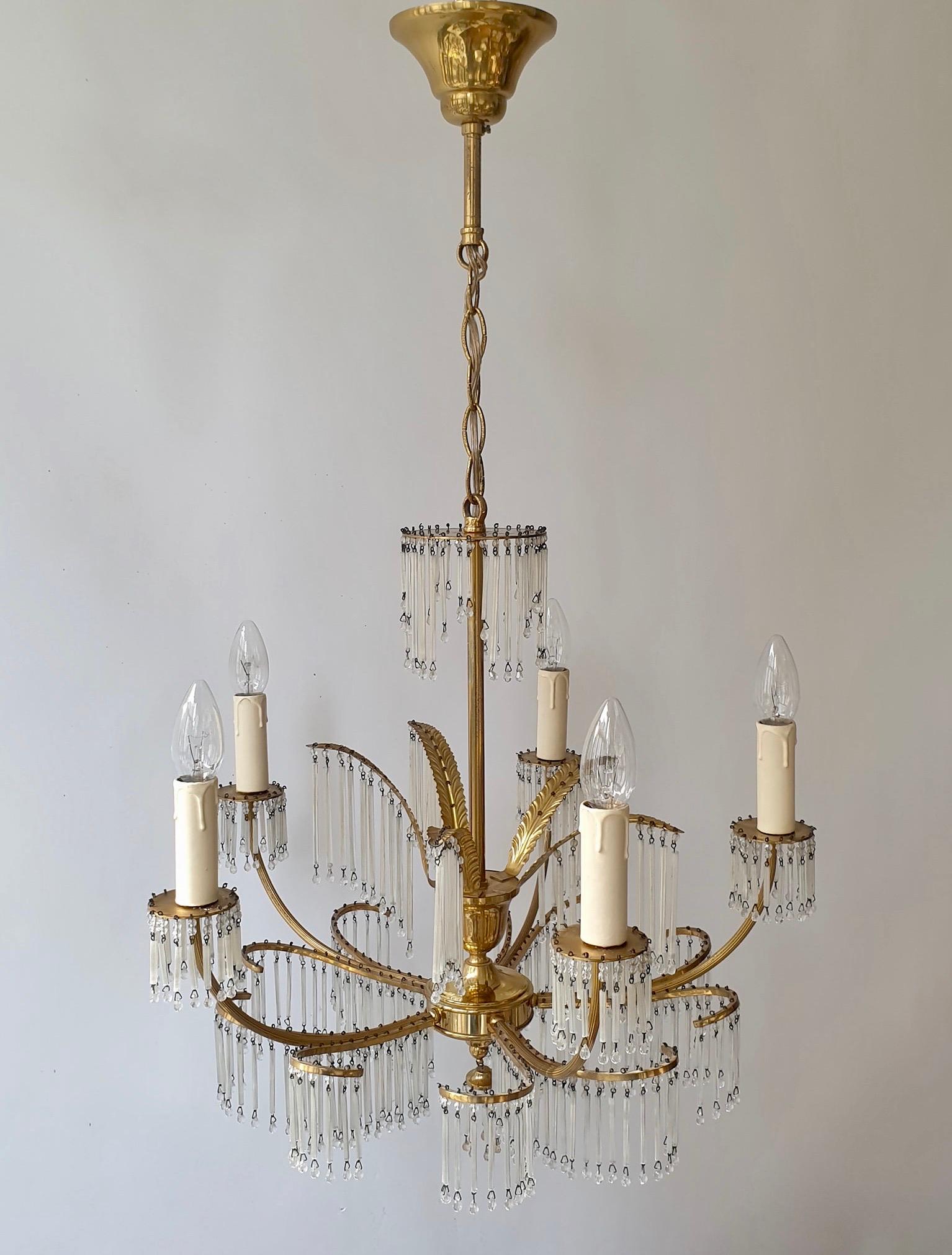 Glass and Brass Gilt Palm Leaf Chandelier in the Style of Maison Jansen For Sale 3