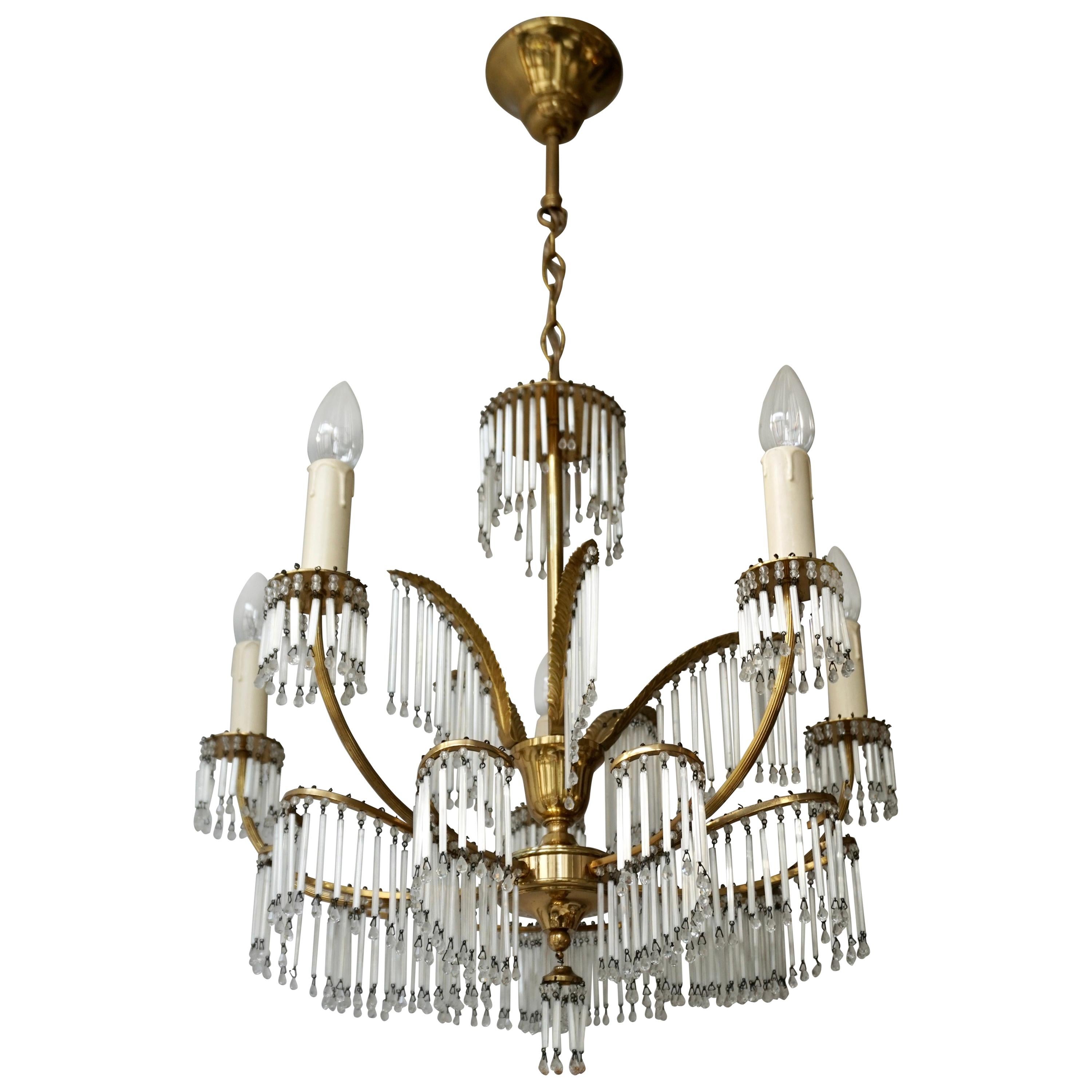 Glass and Brass Gilt Palm Leaf Chandelier in the Style of Maison Jansen