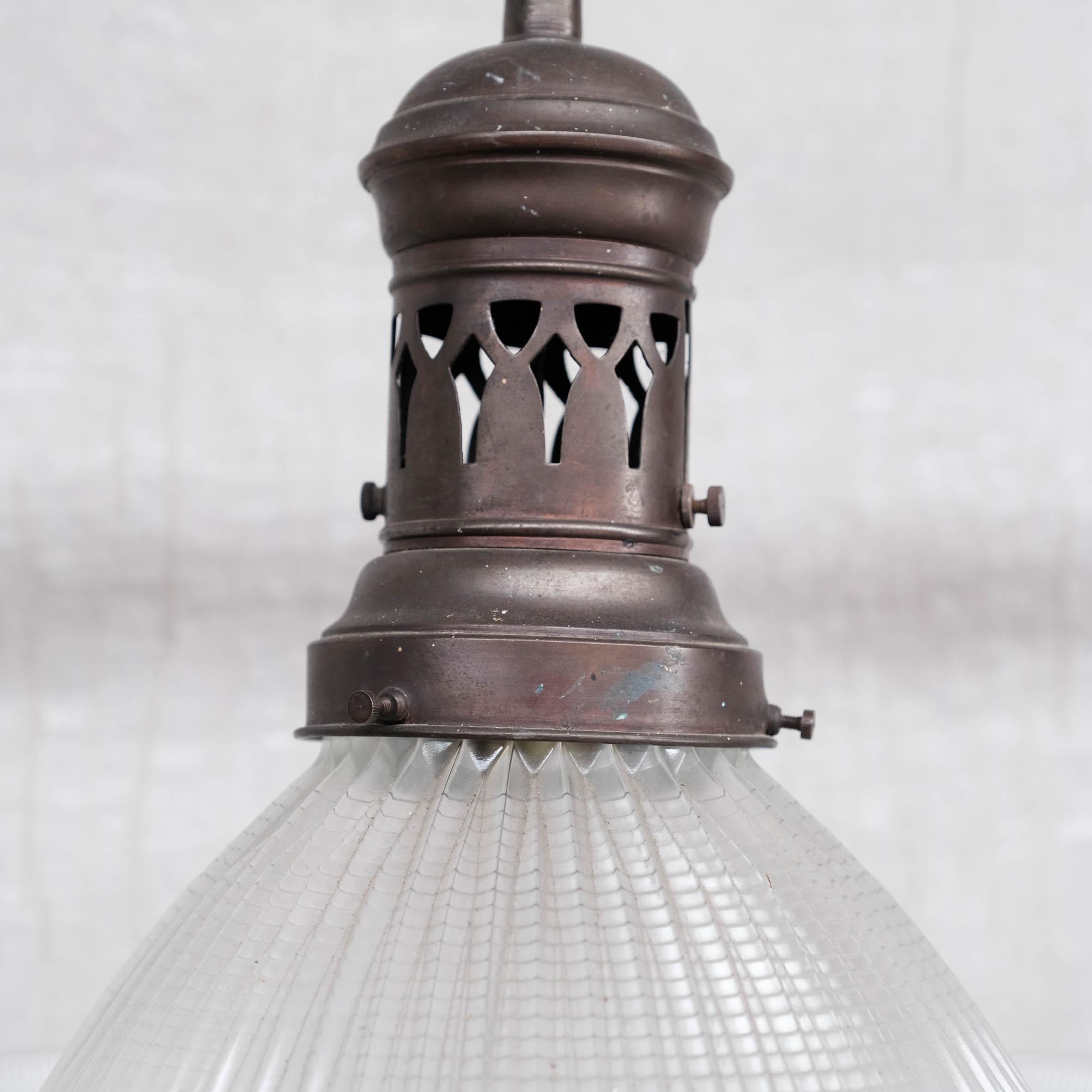 French Glass and Brass Holophane Antique Pendant Light For Sale