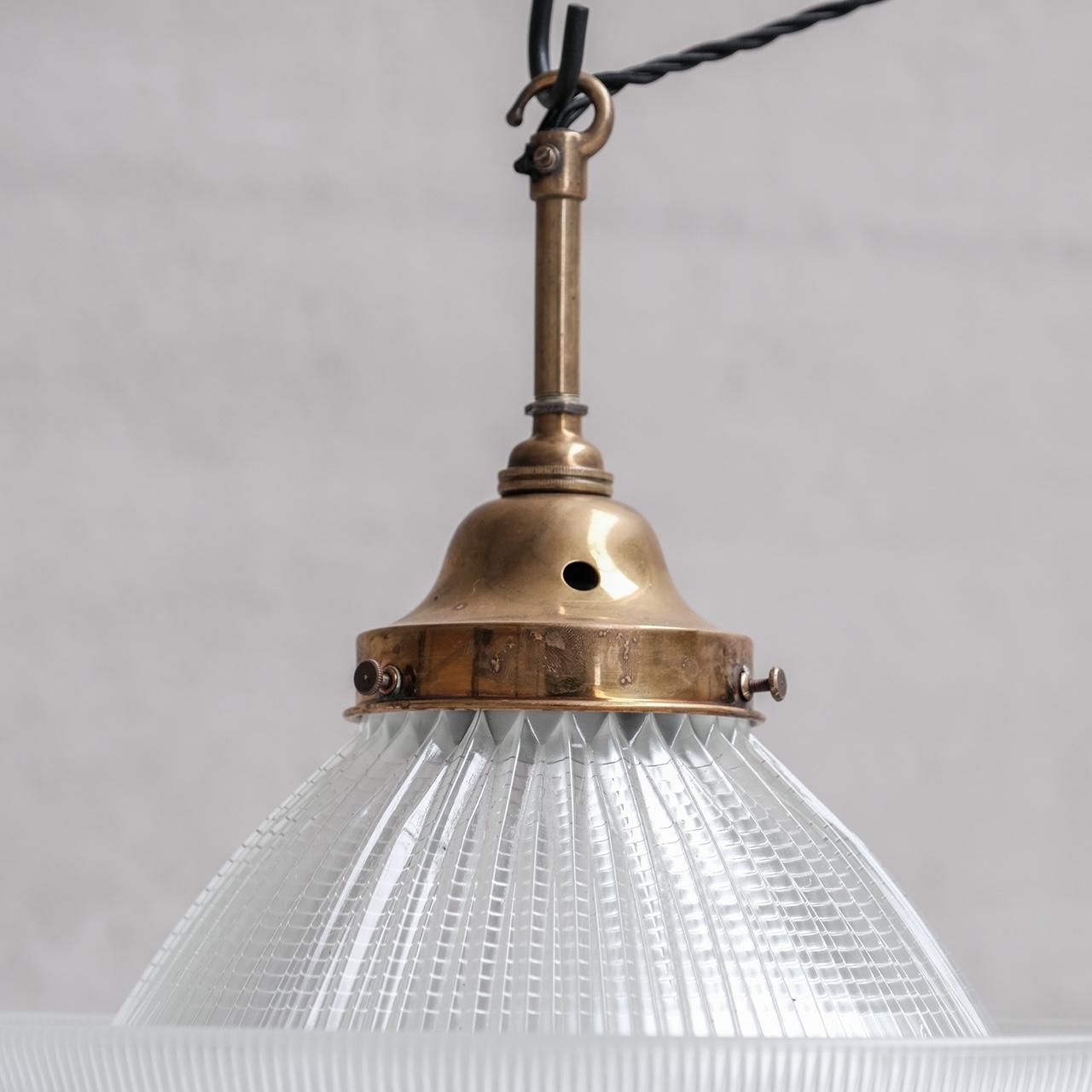20th Century Glass and Brass Holophane Antique Pendant Light