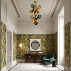 Large Mid Century Modern Colored Glass and Brass Chandelier, Italy 2000s