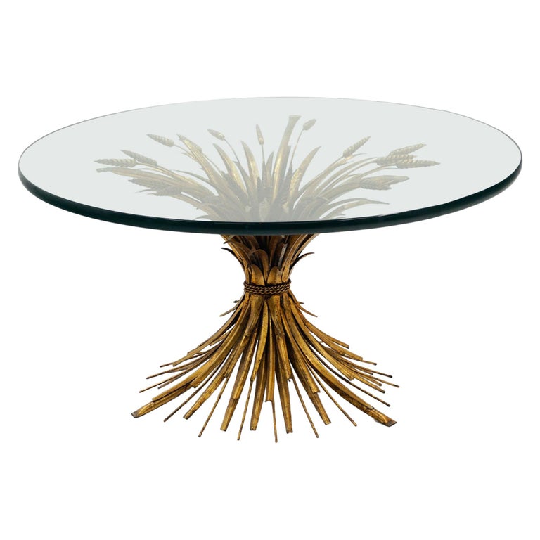 Glass and Brass Italian Coffee Table, Sheaf of Wheat Base, Original 3/4” Glass For Sale