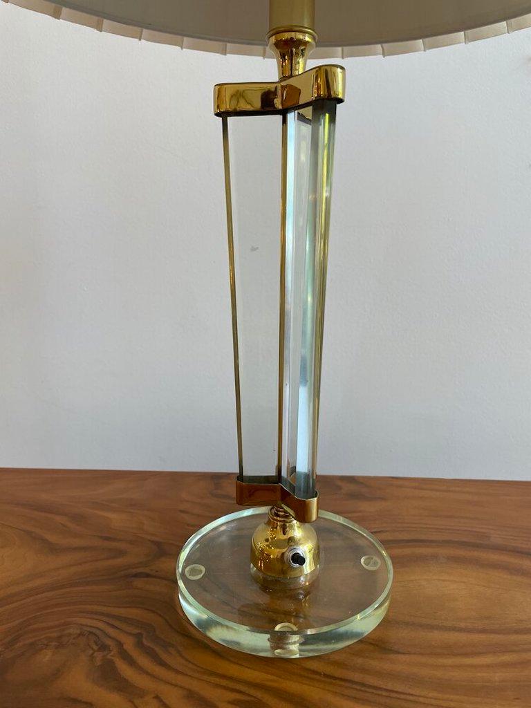 Glass and Brass Italian Table Lamp Attr. Fontana Arte with pleated linen shade.