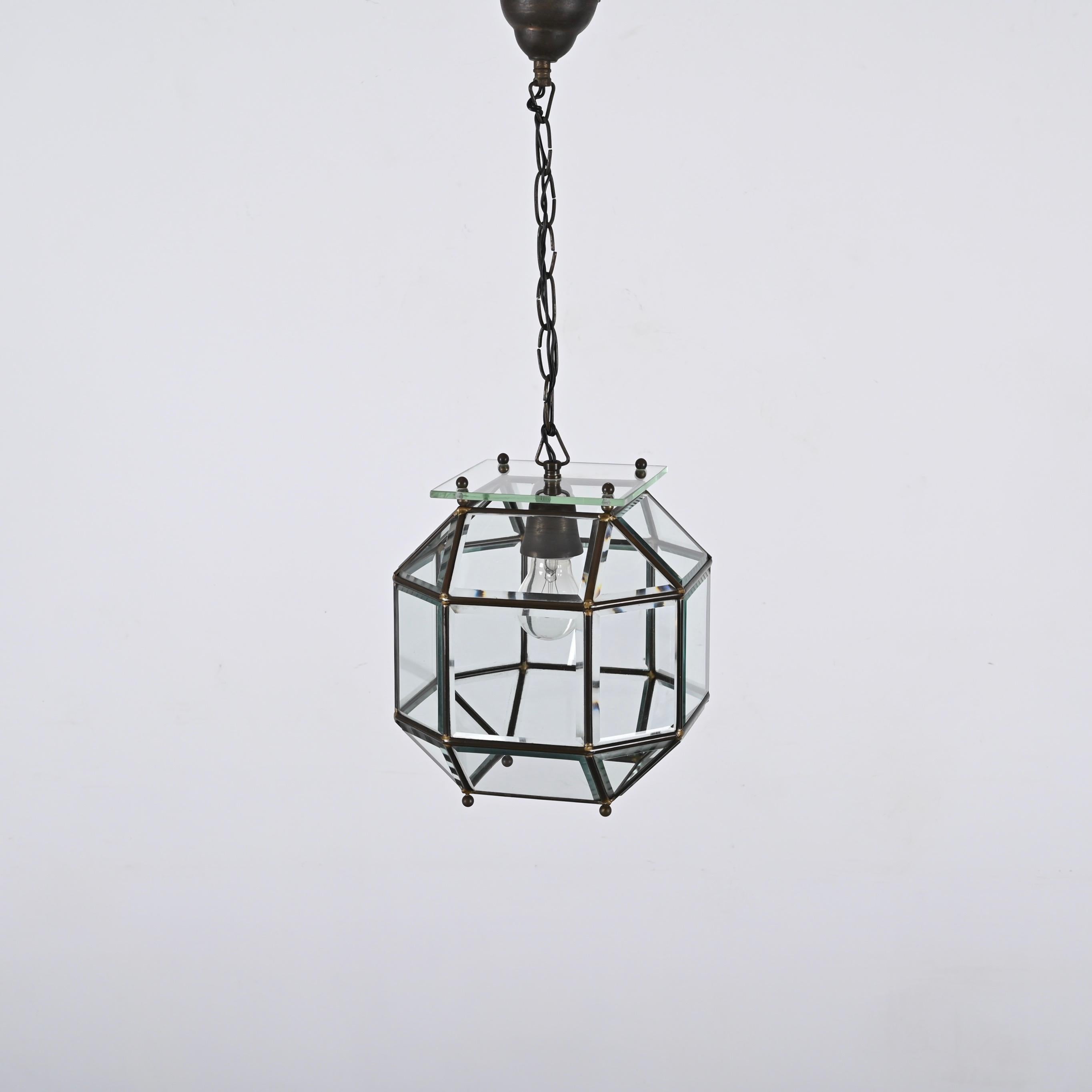 Glass and Brass Lantern Attributed to Fontana Arte, Italy Lighting 1950s  For Sale 2