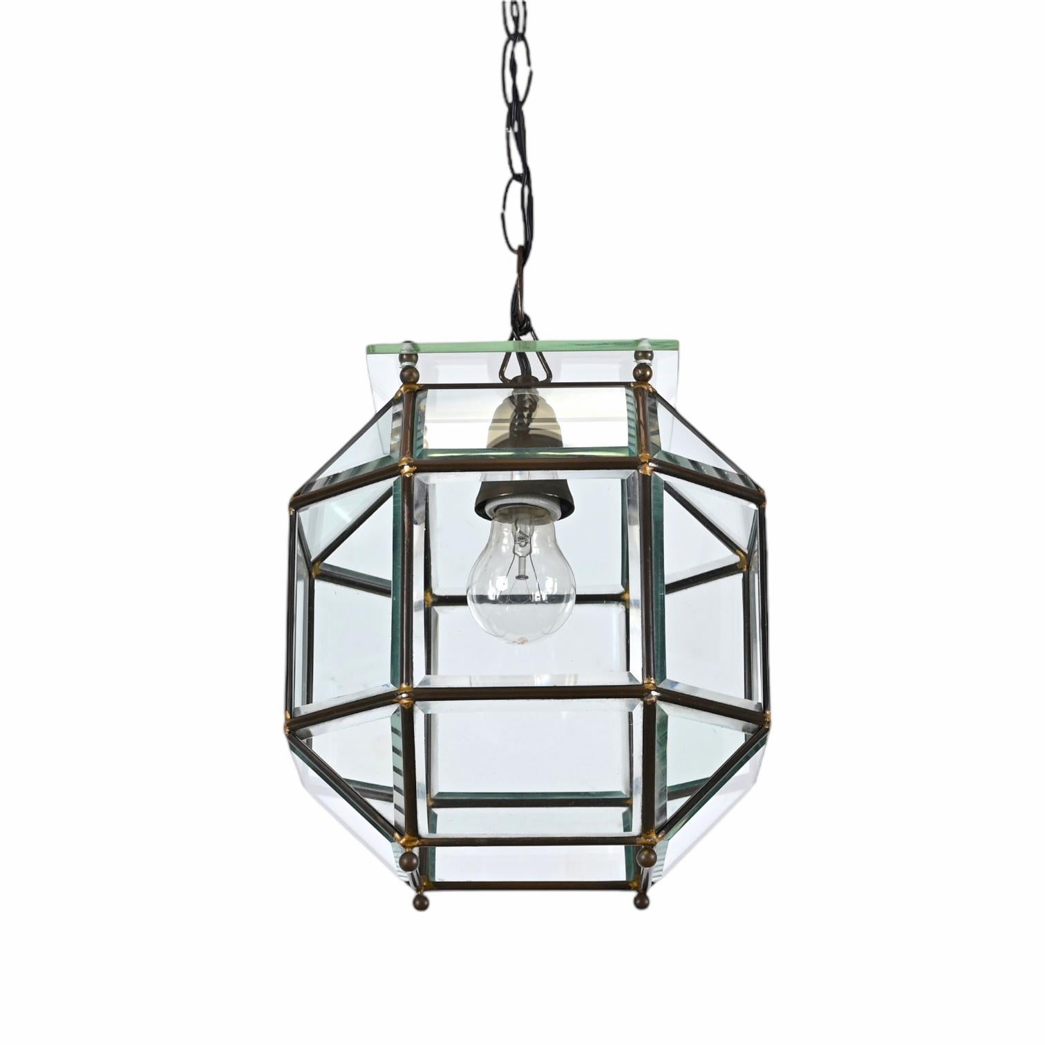 Glass and Brass Lantern Attributed to Fontana Arte, Italy Lighting 1950s  For Sale 3