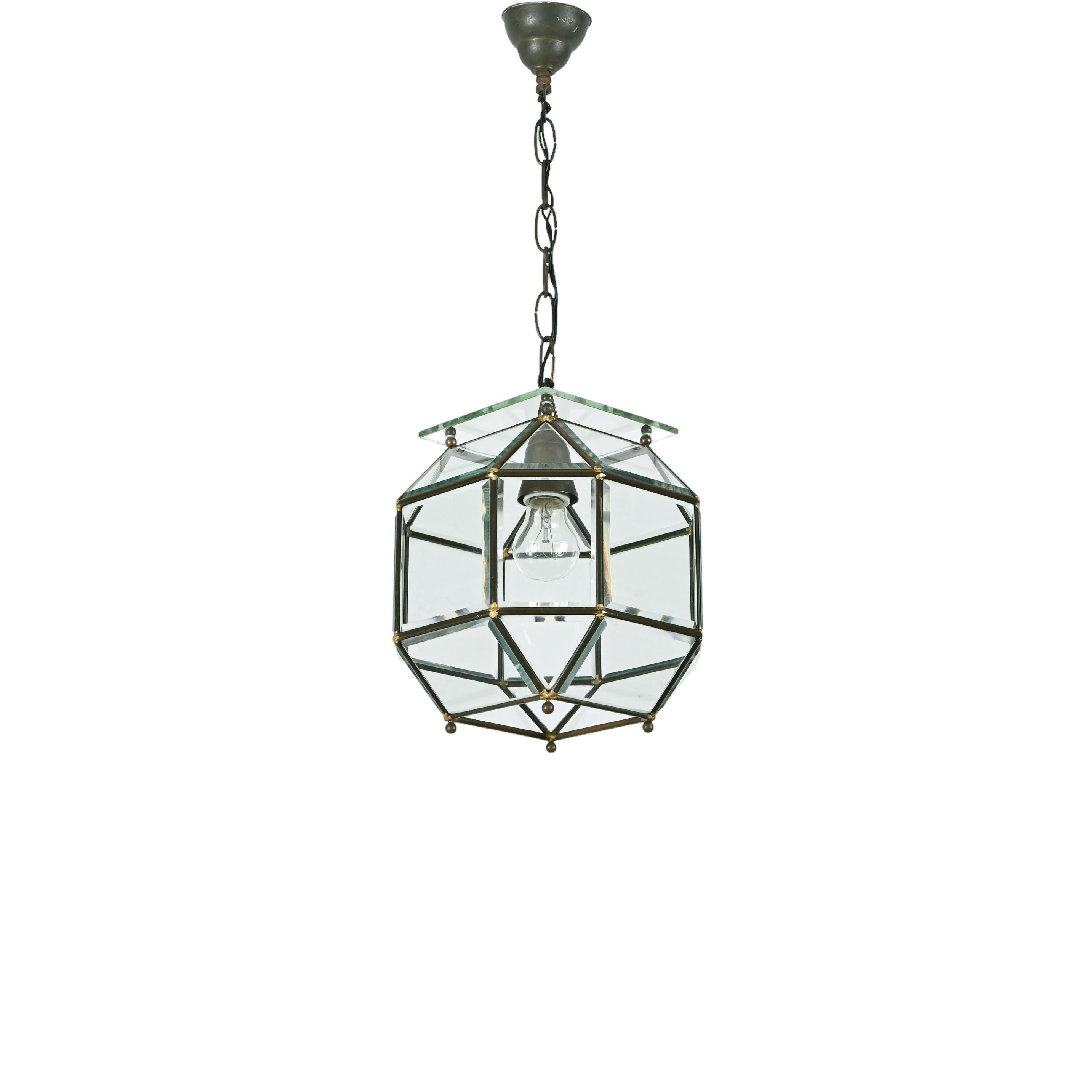 Glass and Brass Lantern Attributed to Fontana Arte, Italy Lighting 1950s  For Sale 4