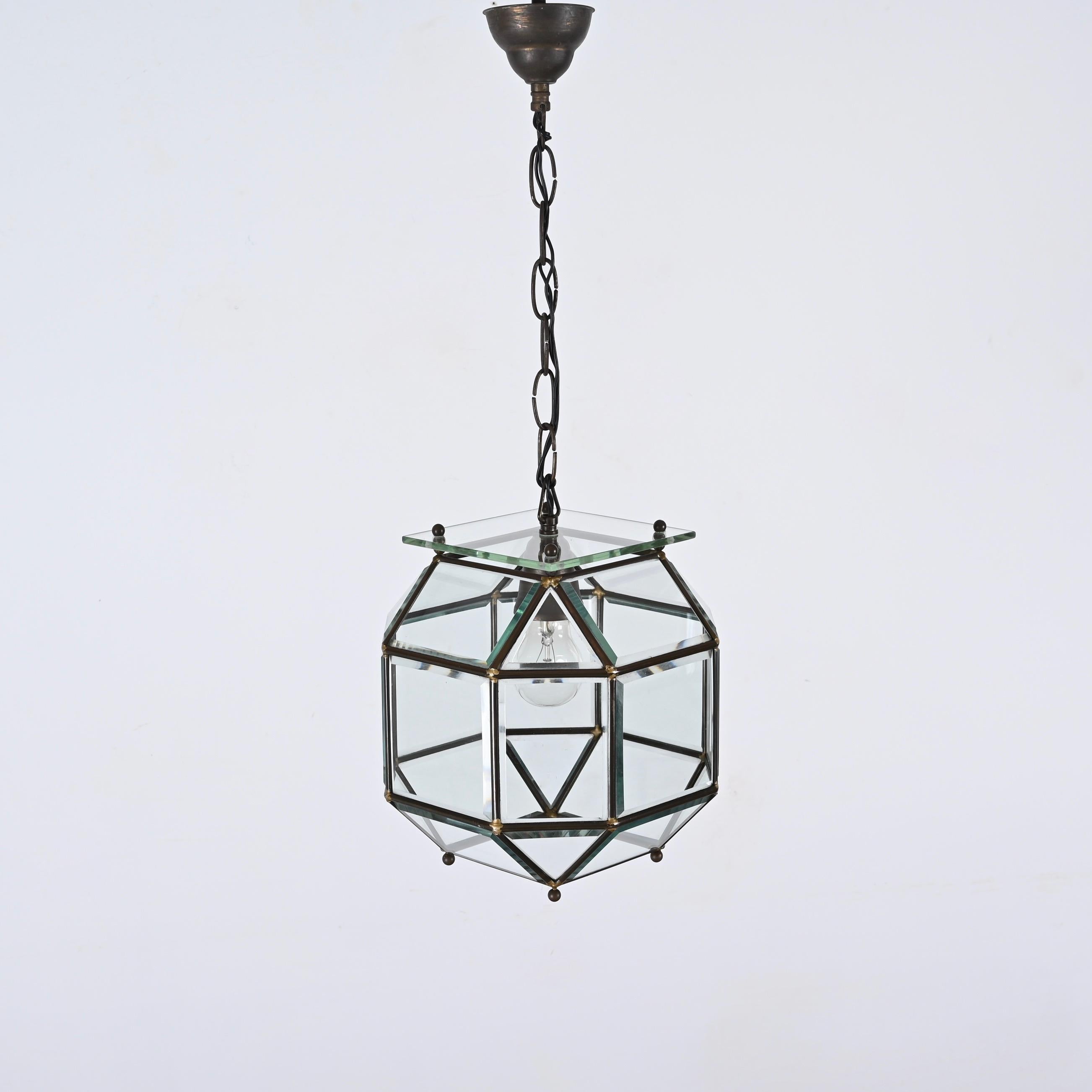 Glass and Brass Lantern Attributed to Fontana Arte, Italy Lighting 1950s  For Sale 6
