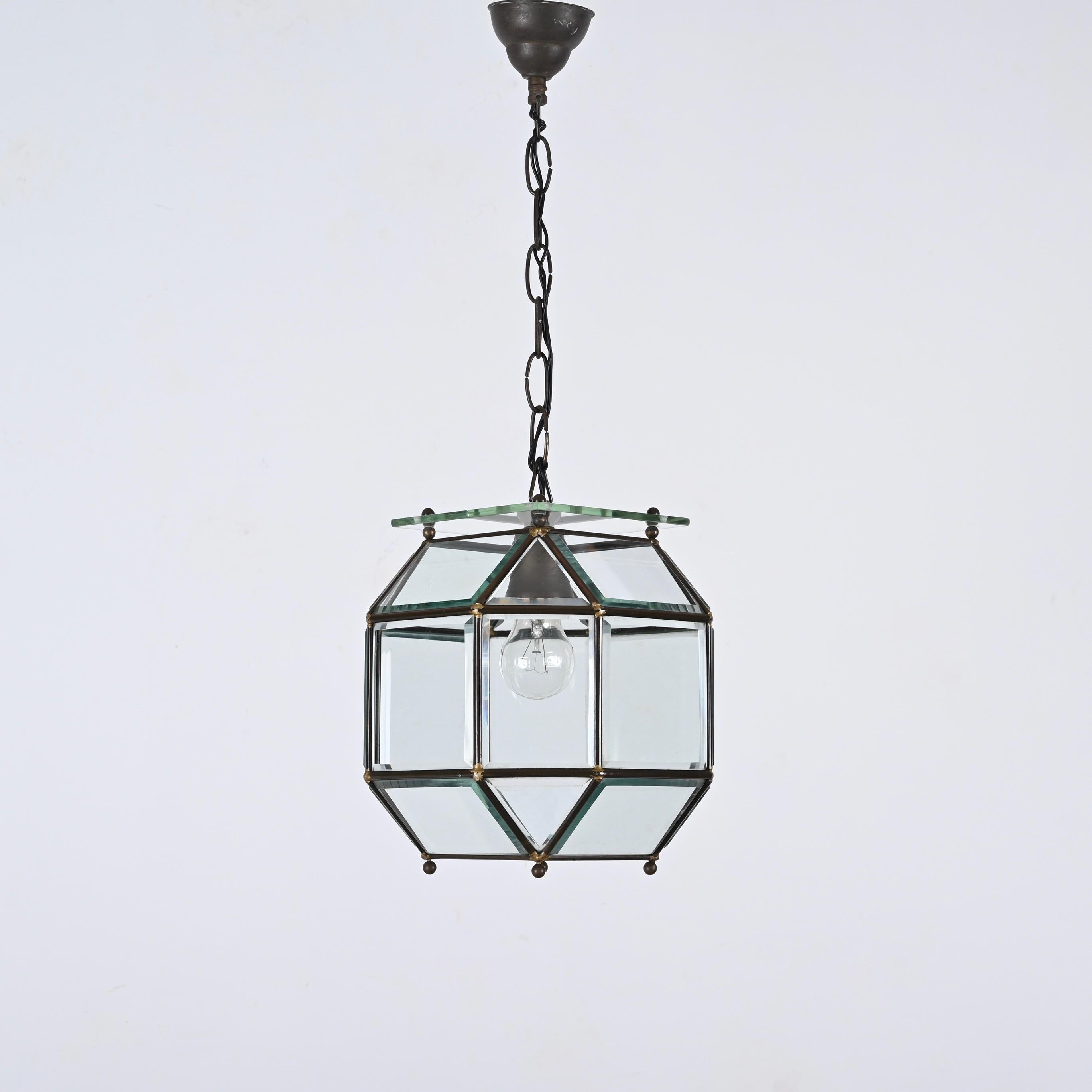Mid-Century Modern Glass and Brass Lantern Attributed to Fontana Arte, Italy Lighting 1950s  For Sale