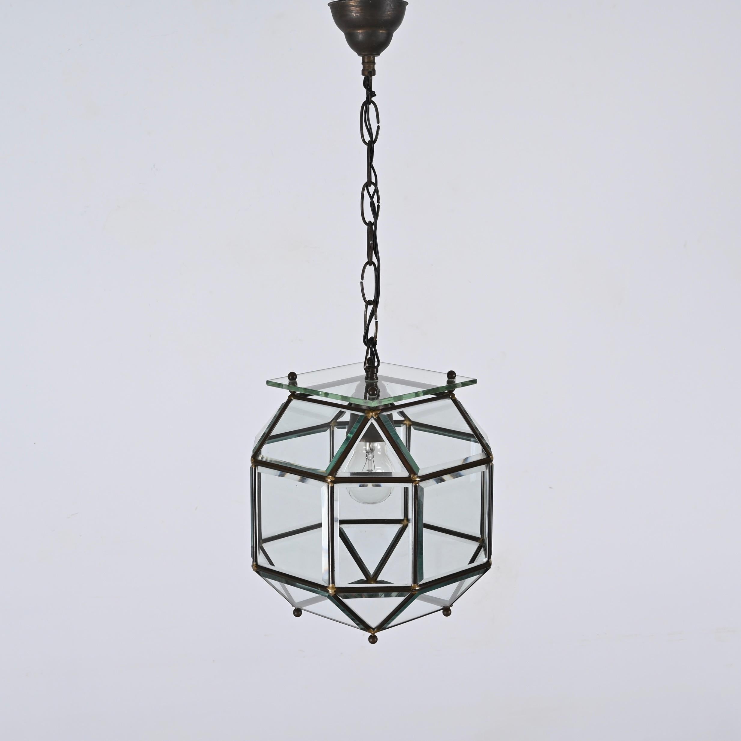 Italian Glass and Brass Lantern Attributed to Fontana Arte, Italy Lighting 1950s  For Sale