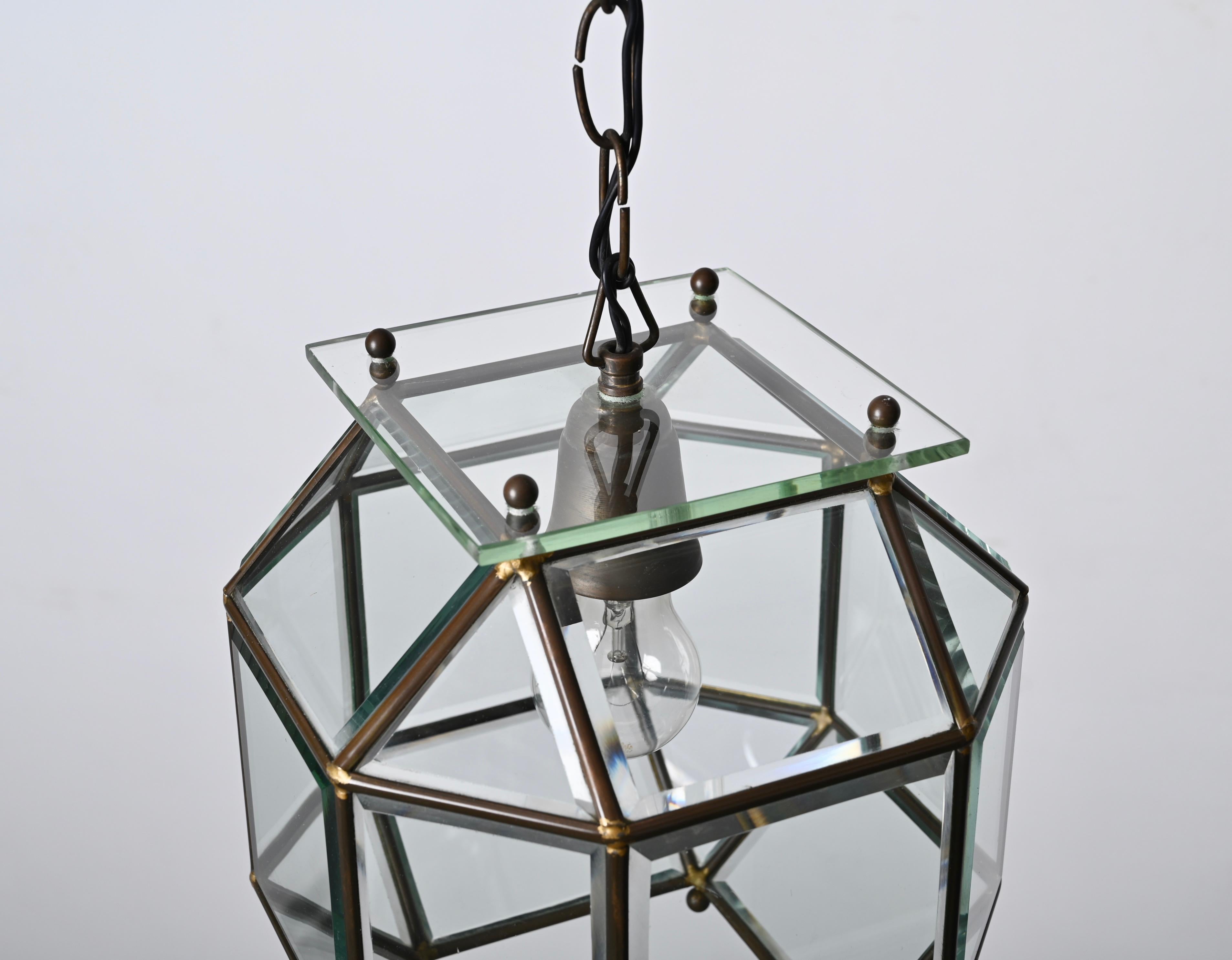 Beveled Glass and Brass Lantern Attributed to Fontana Arte, Italy Lighting 1950s  For Sale