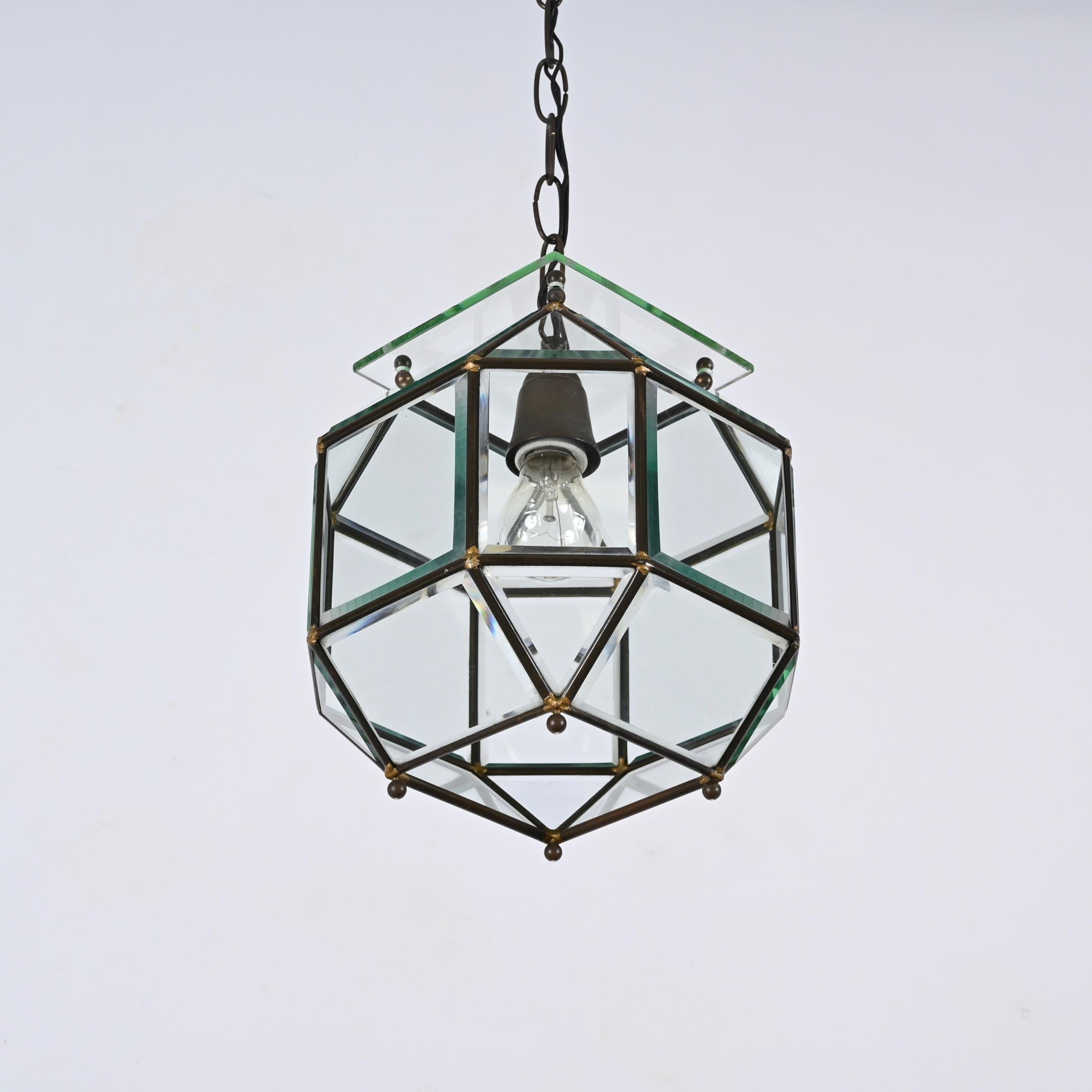 Glass and Brass Lantern Attributed to Fontana Arte, Italy Lighting 1950s  In Good Condition For Sale In Roma, IT