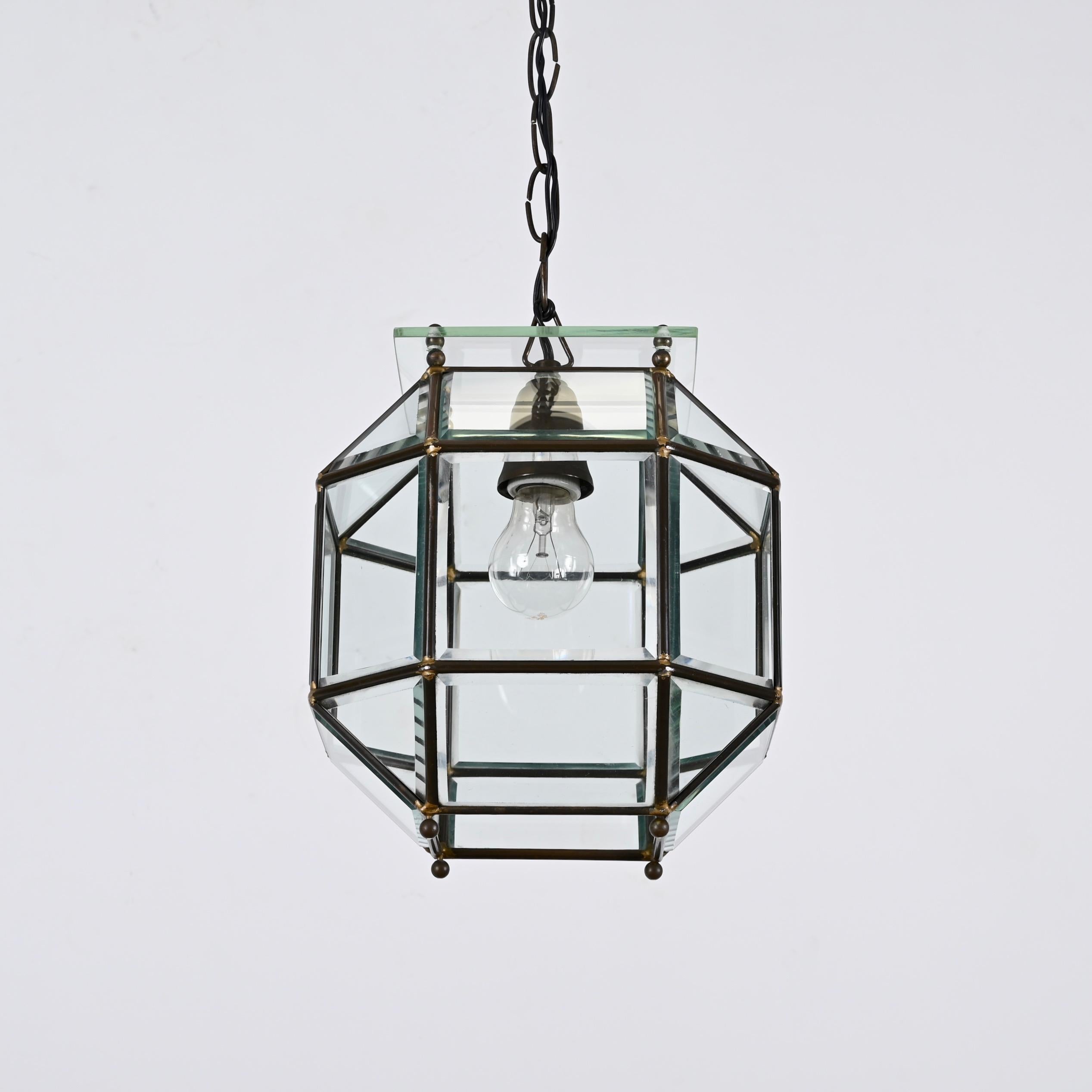 Metal Glass and Brass Lantern Attributed to Fontana Arte, Italy Lighting 1950s  For Sale