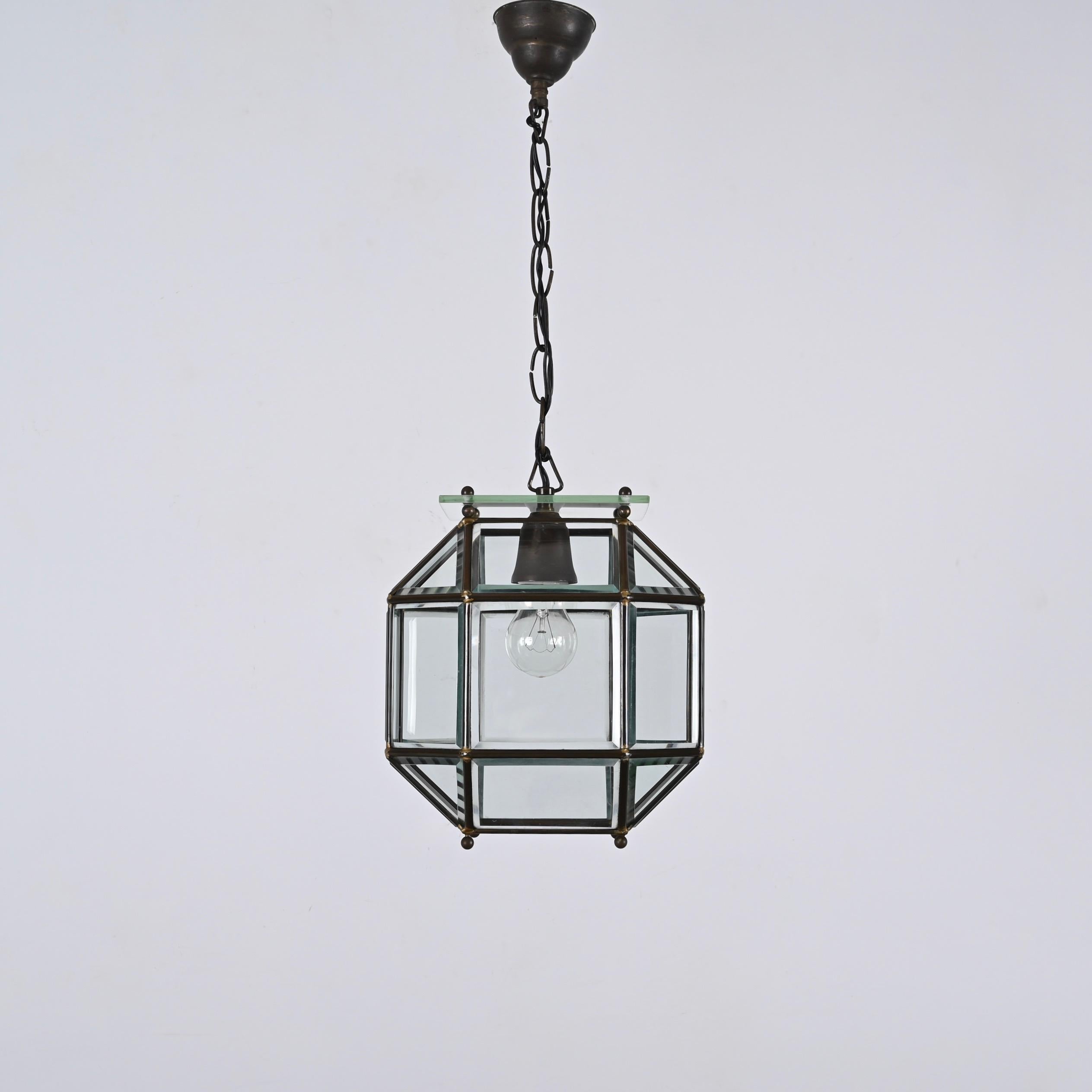 Glass and Brass Lantern Attributed to Fontana Arte, Italy Lighting 1950s  For Sale 1