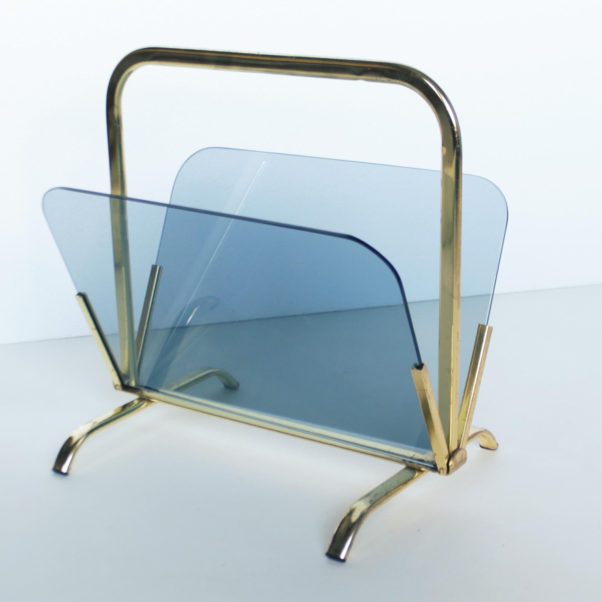 Mid-Century Modern Glass and Brass Magazine Rack, France For Sale