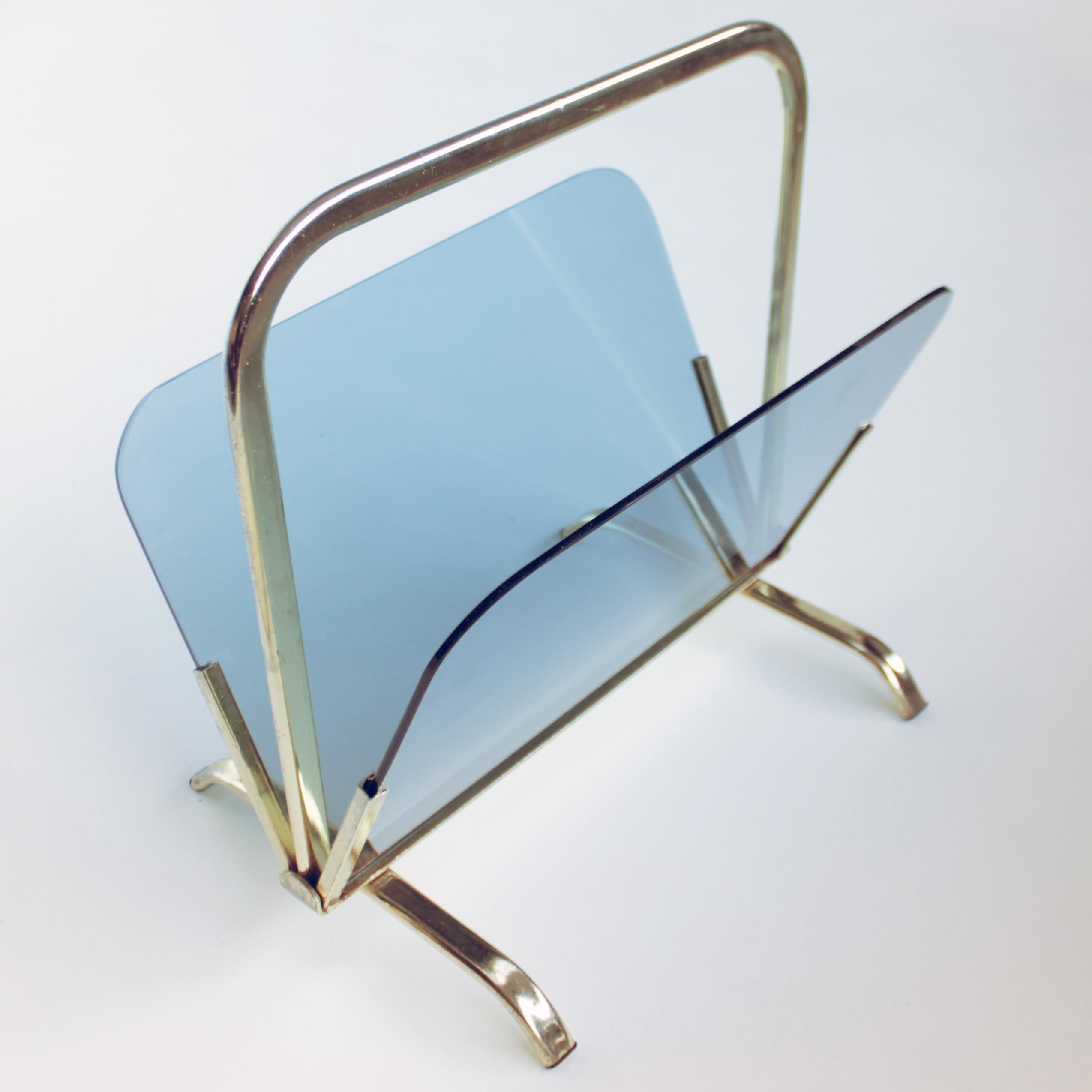 Mid-20th Century Glass and Brass Magazine Rack, France For Sale