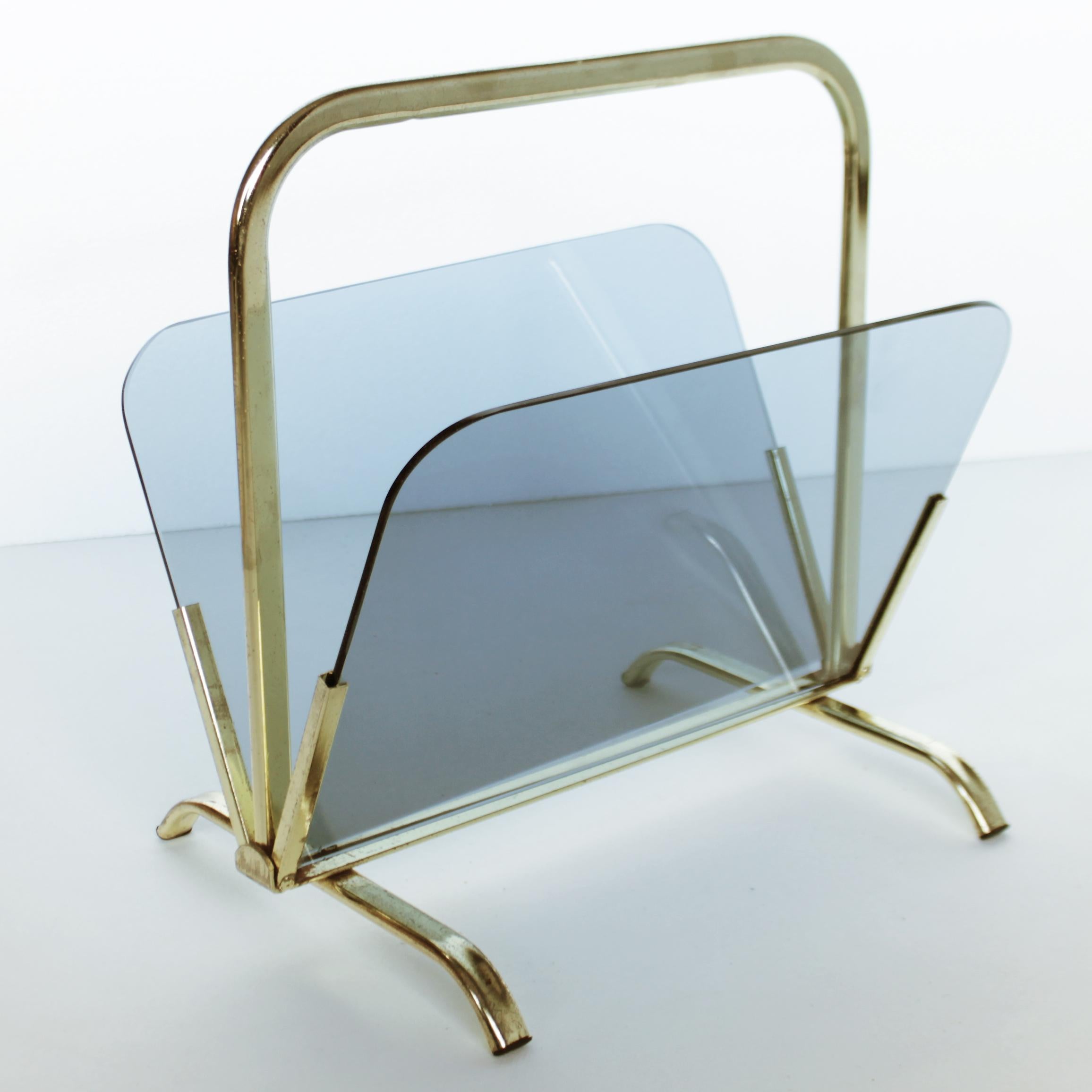 Metal Glass and Brass Magazine Rack, France For Sale