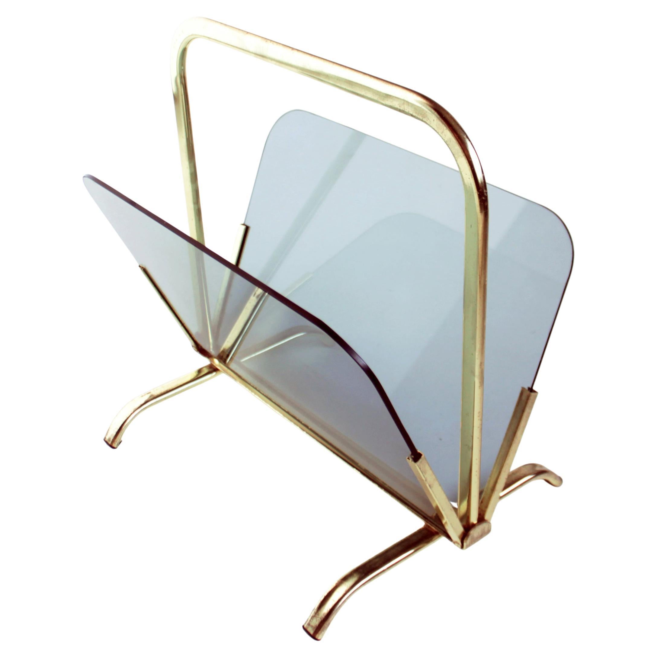 Glass and Brass Magazine Rack, France For Sale