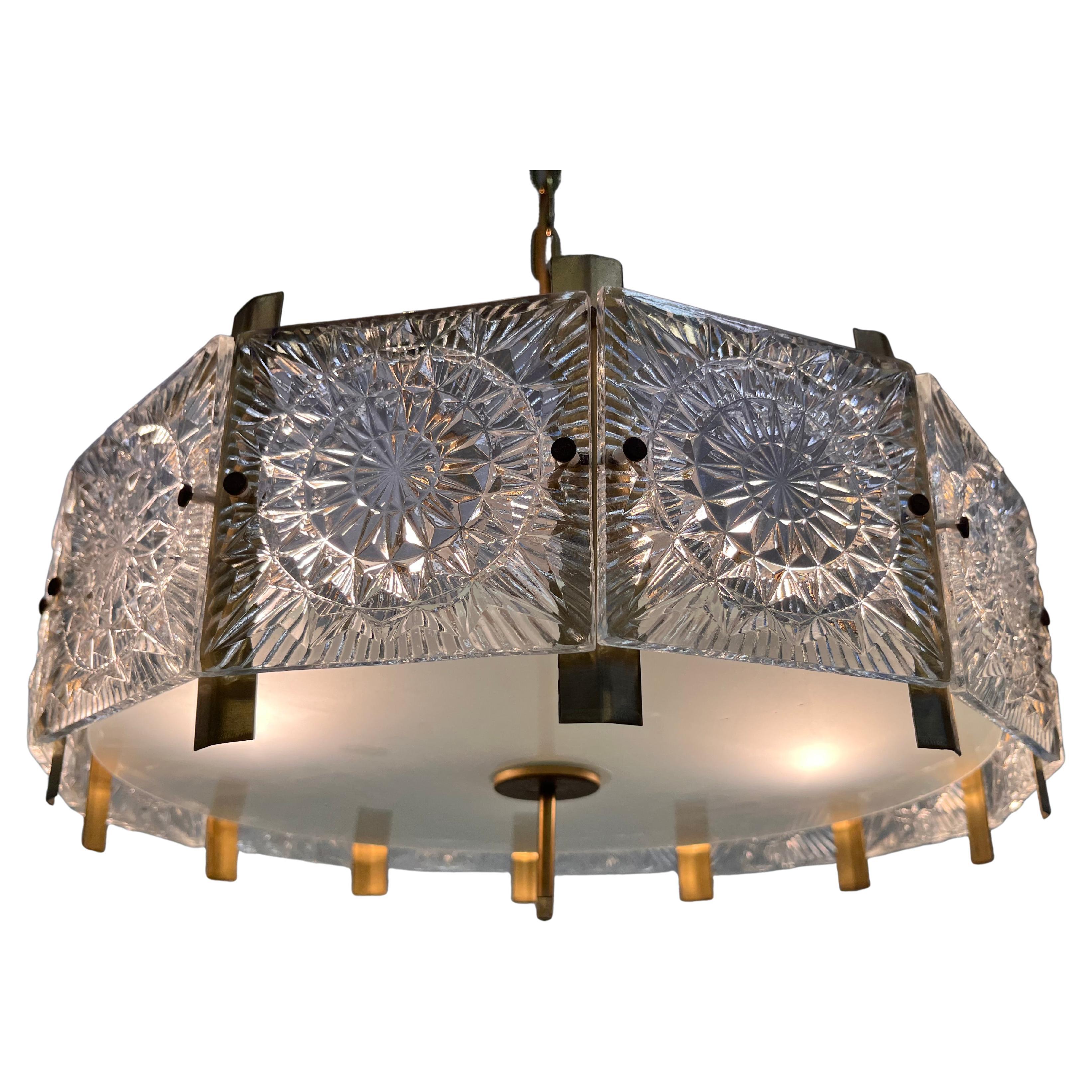 Glass and brass Midcentury Chandelier by Jaroslav Bejvl, Kamenicky Senov, 1970s