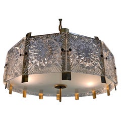 Glass and brass Midcentury Chandelier by Jaroslav Bejvl, Kamenicky Senov, 1970s