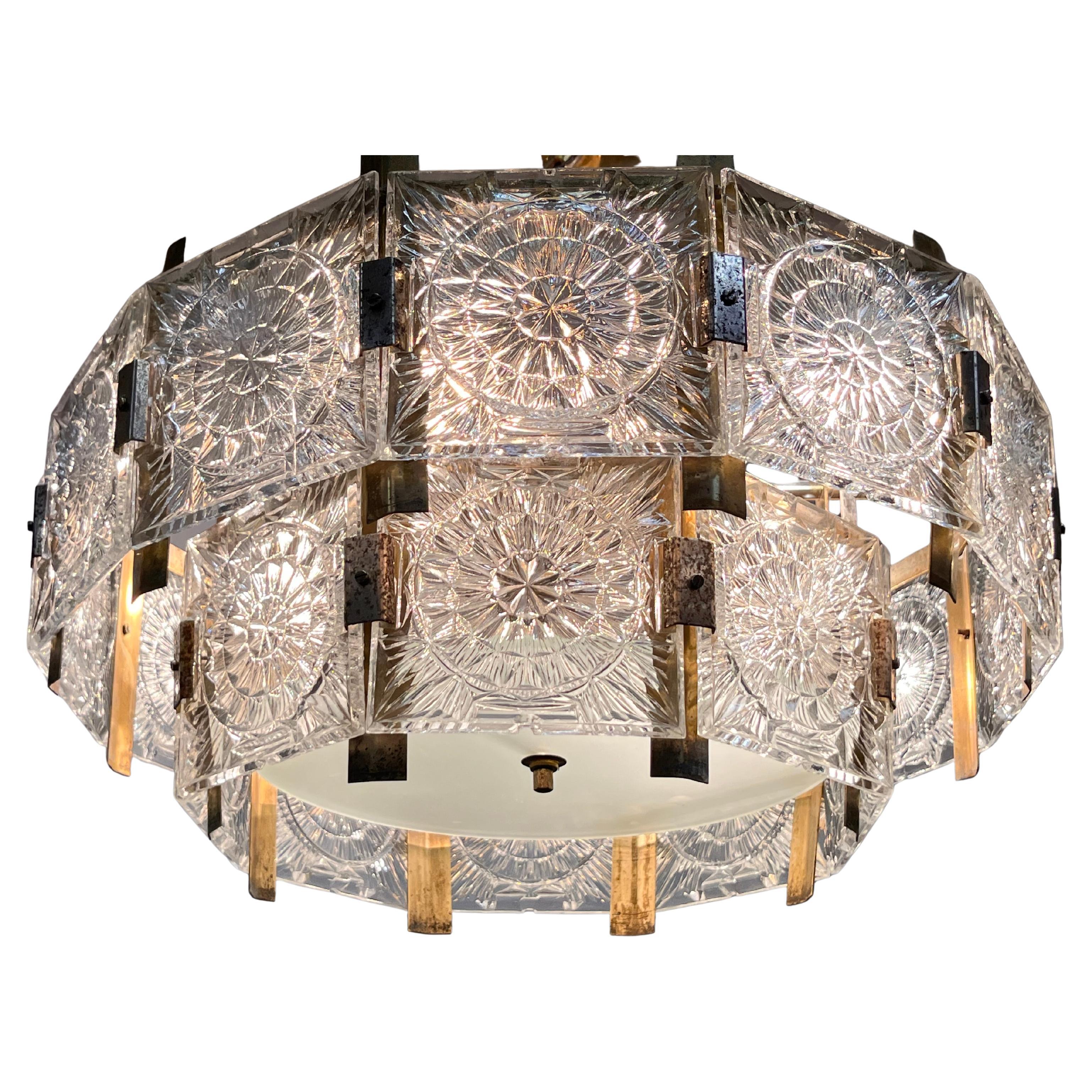 Glass and brass Midcentury Chandelier by Jaroslav Bejvl, Kamenicky Senov, 1970s