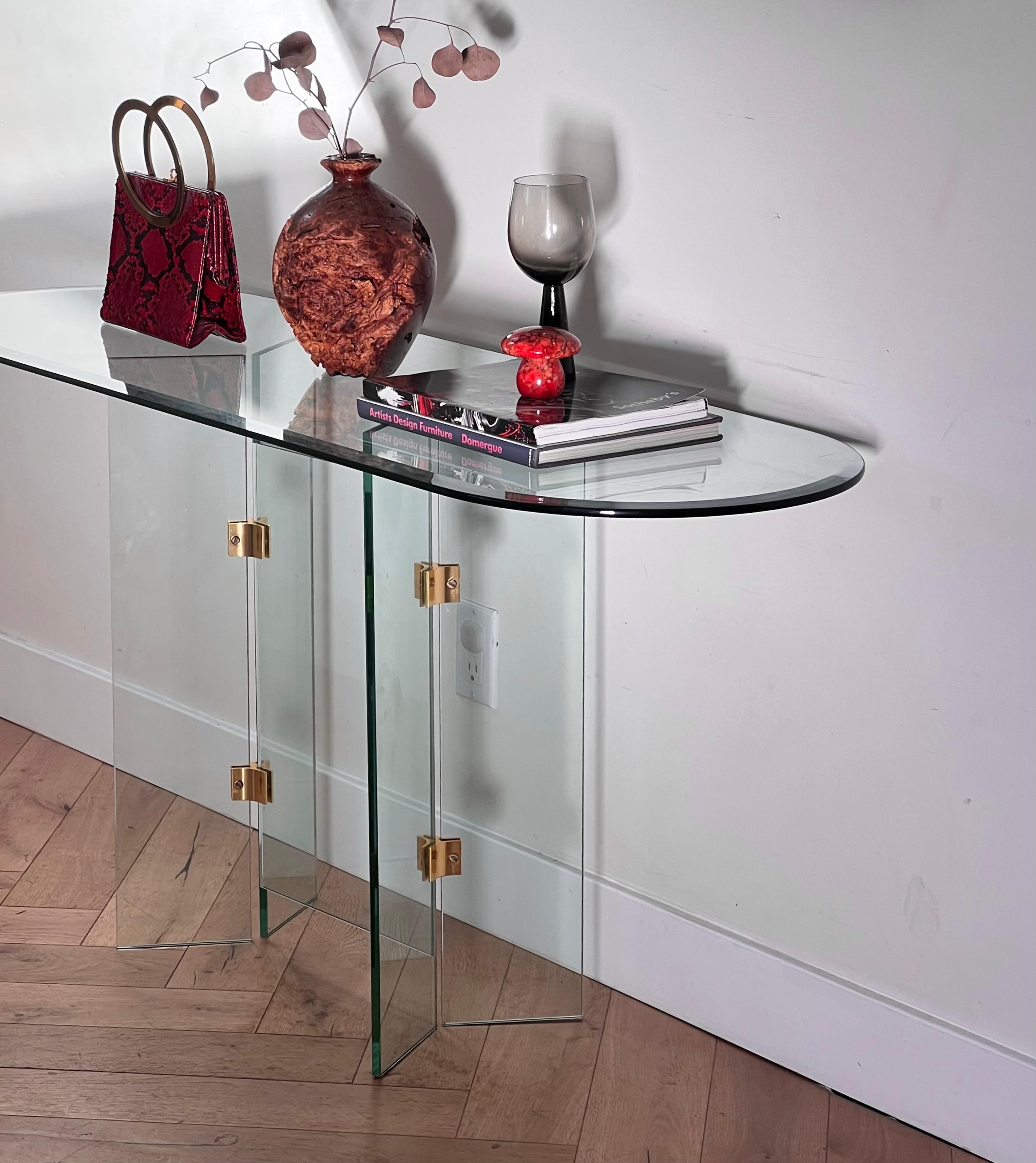 Glass and brass oval console table by Leon Rosen for Pace, 1970s 5