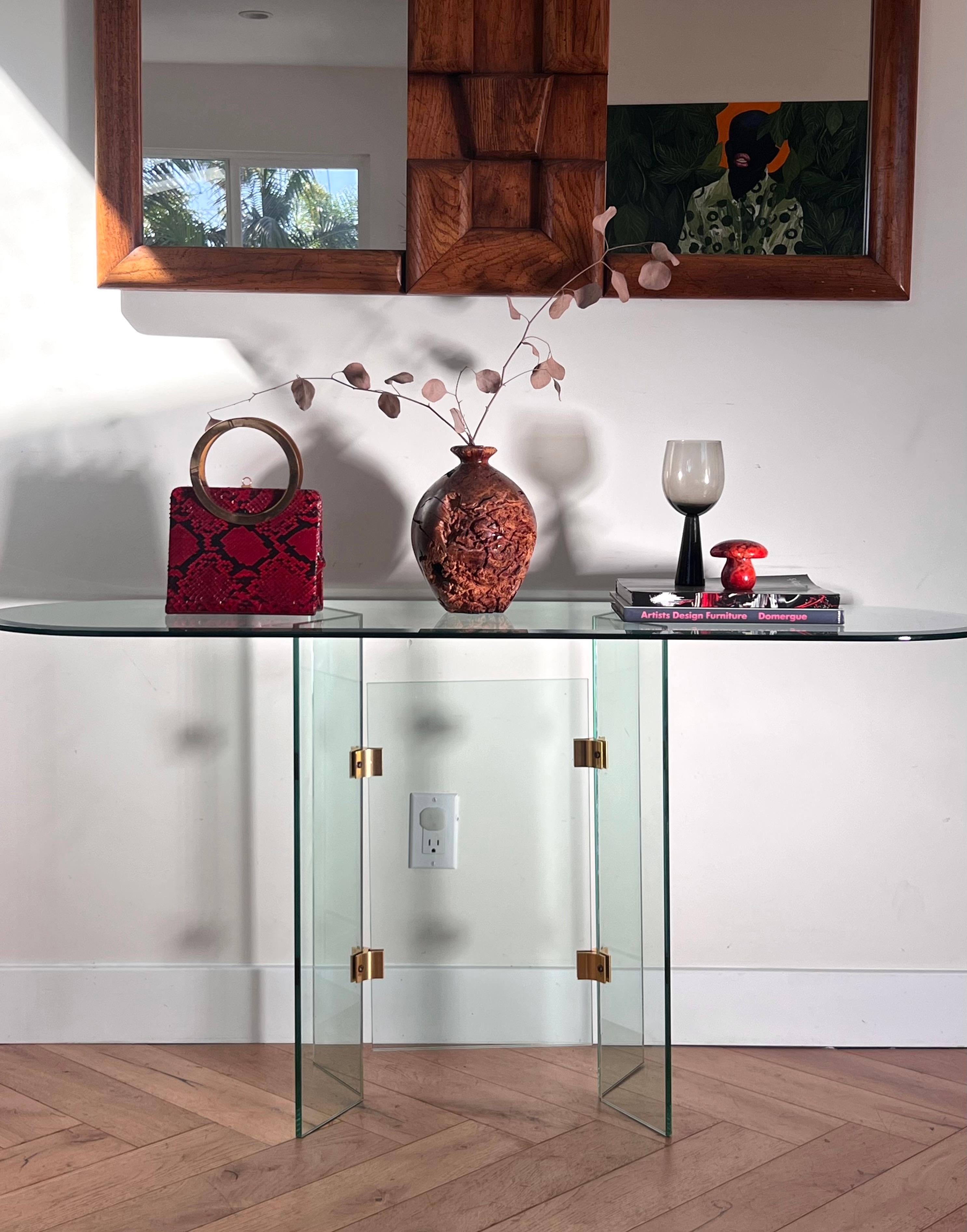 Glass and brass oval console table by Leon Rosen for Pace, 1970s 9