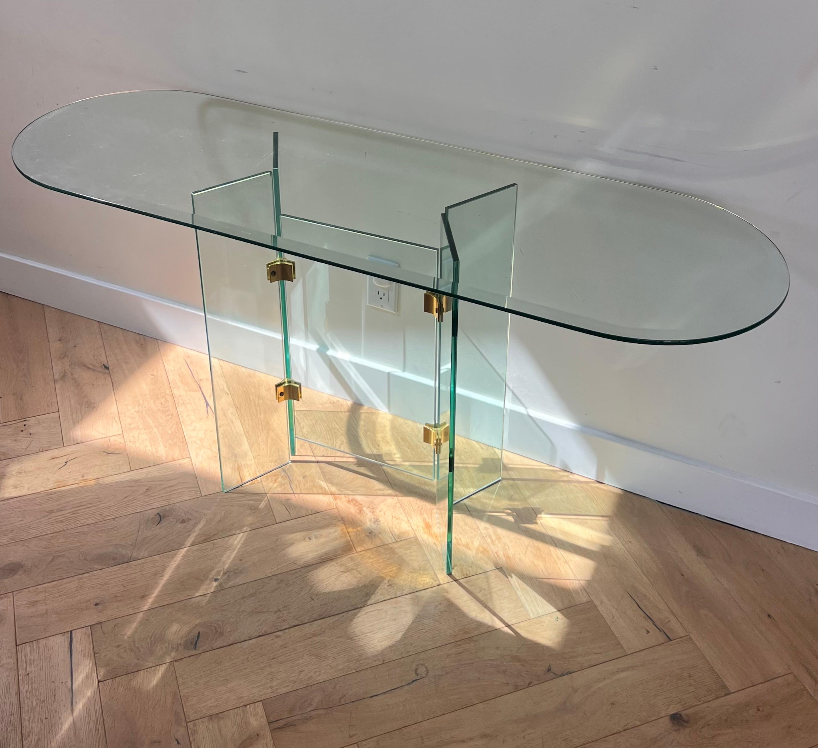 Glass and brass oval console table by Leon Rosen for Pace, 1970s 10