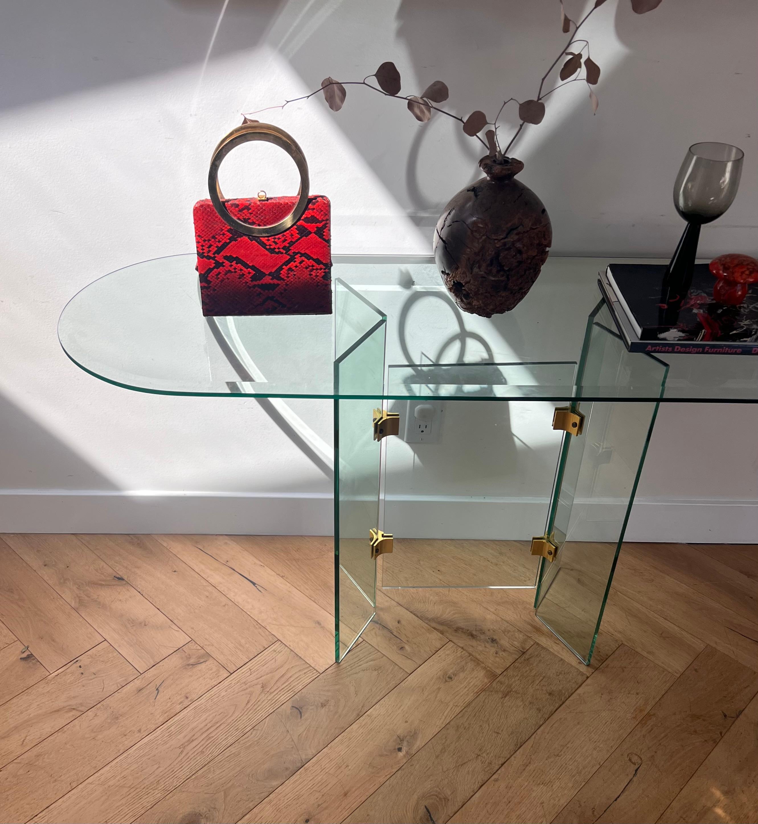 Glass and brass oval console table by Leon Rosen for Pace, 1970s 11