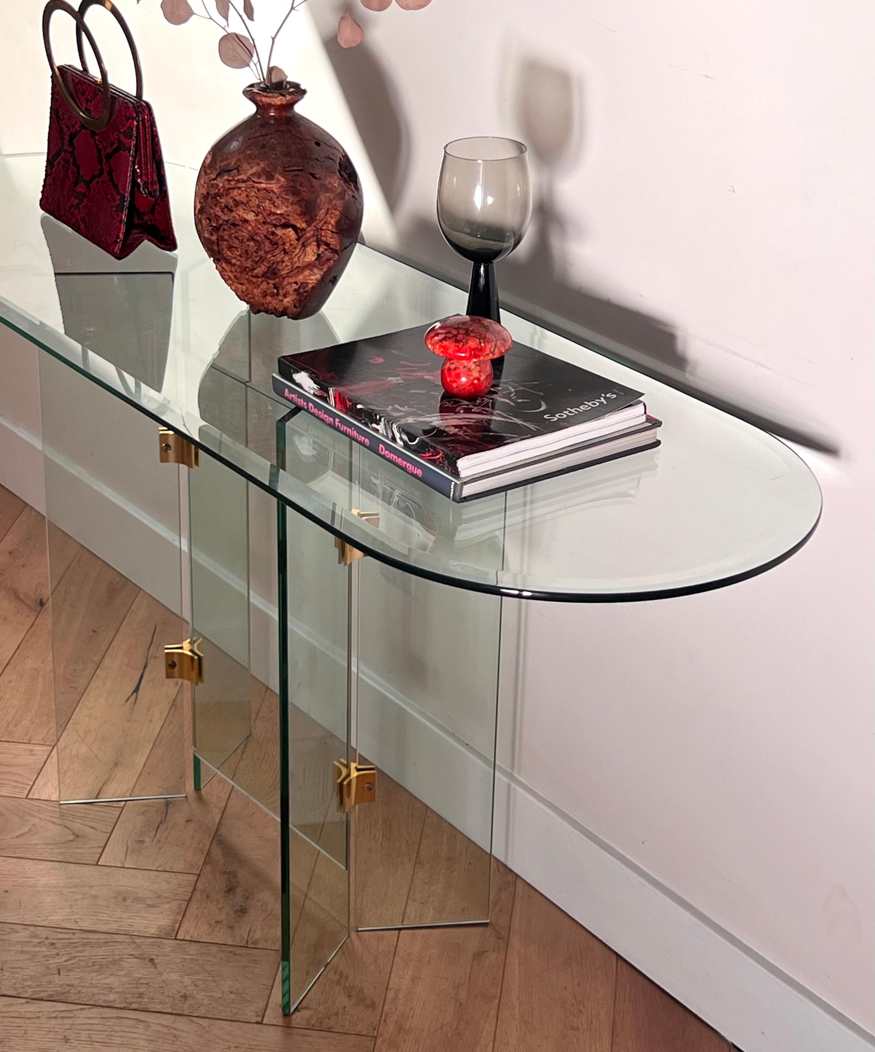 Glass and brass oval console table by Leon Rosen for Pace, 1970s 12