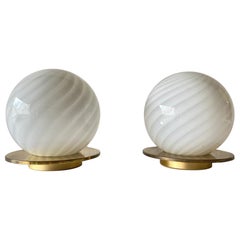 Glass and Brass Pair of Table Lamps, 1970s, Italy