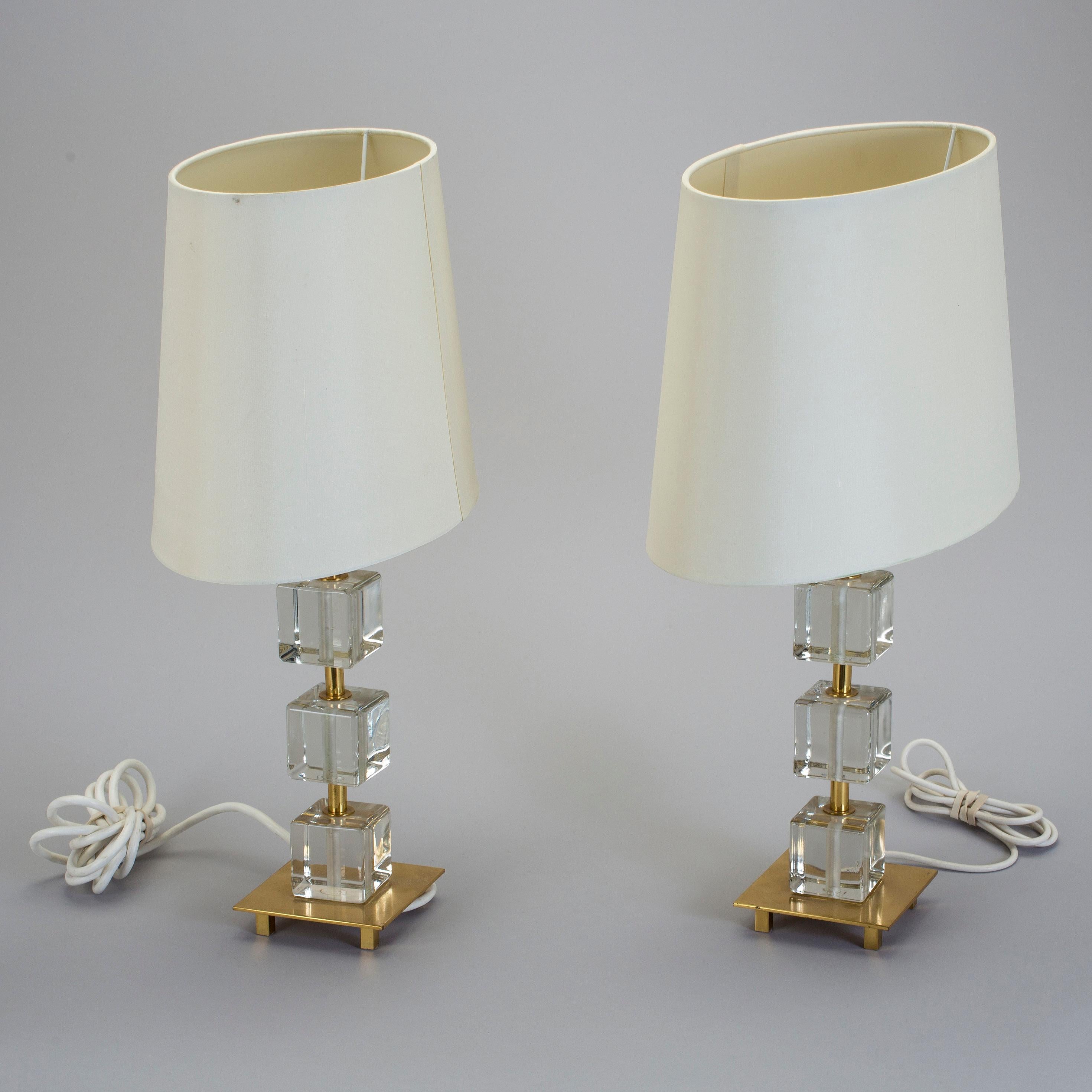 Mid-Century Modern Glass and Brass Pair of Table Lamps by Malmo Metallvarufabrik, Sweden, 1960 For Sale
