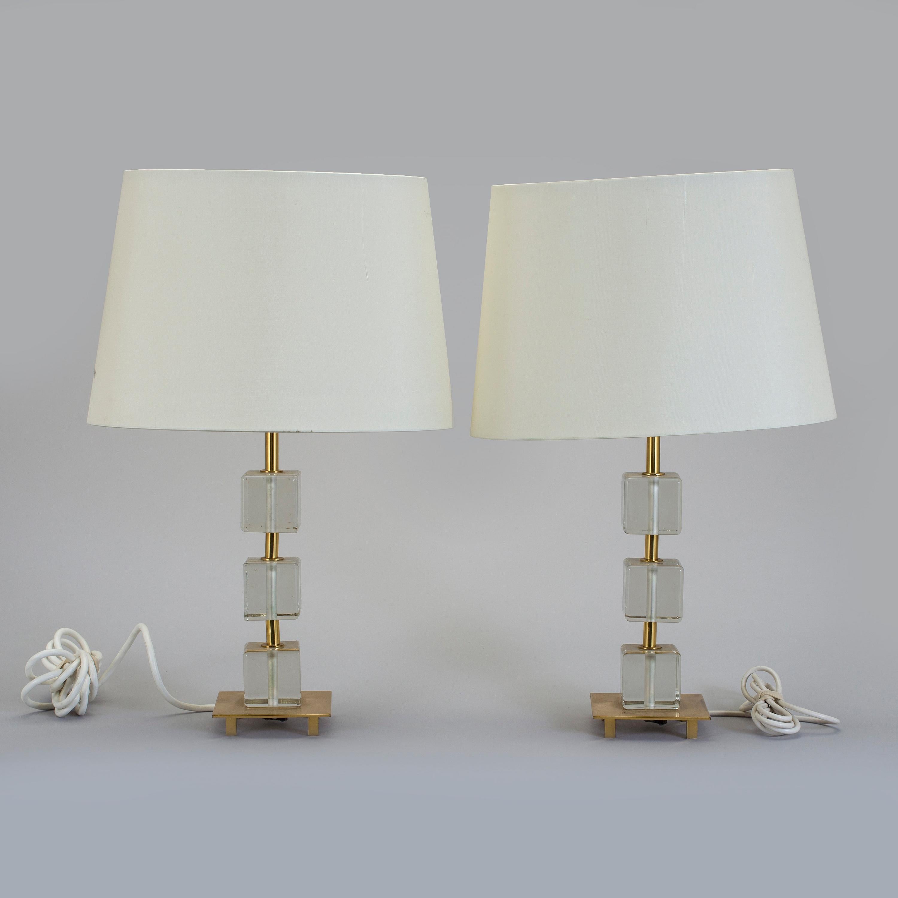 Swedish Glass and Brass Pair of Table Lamps by Malmo Metallvarufabrik, Sweden, 1960 For Sale