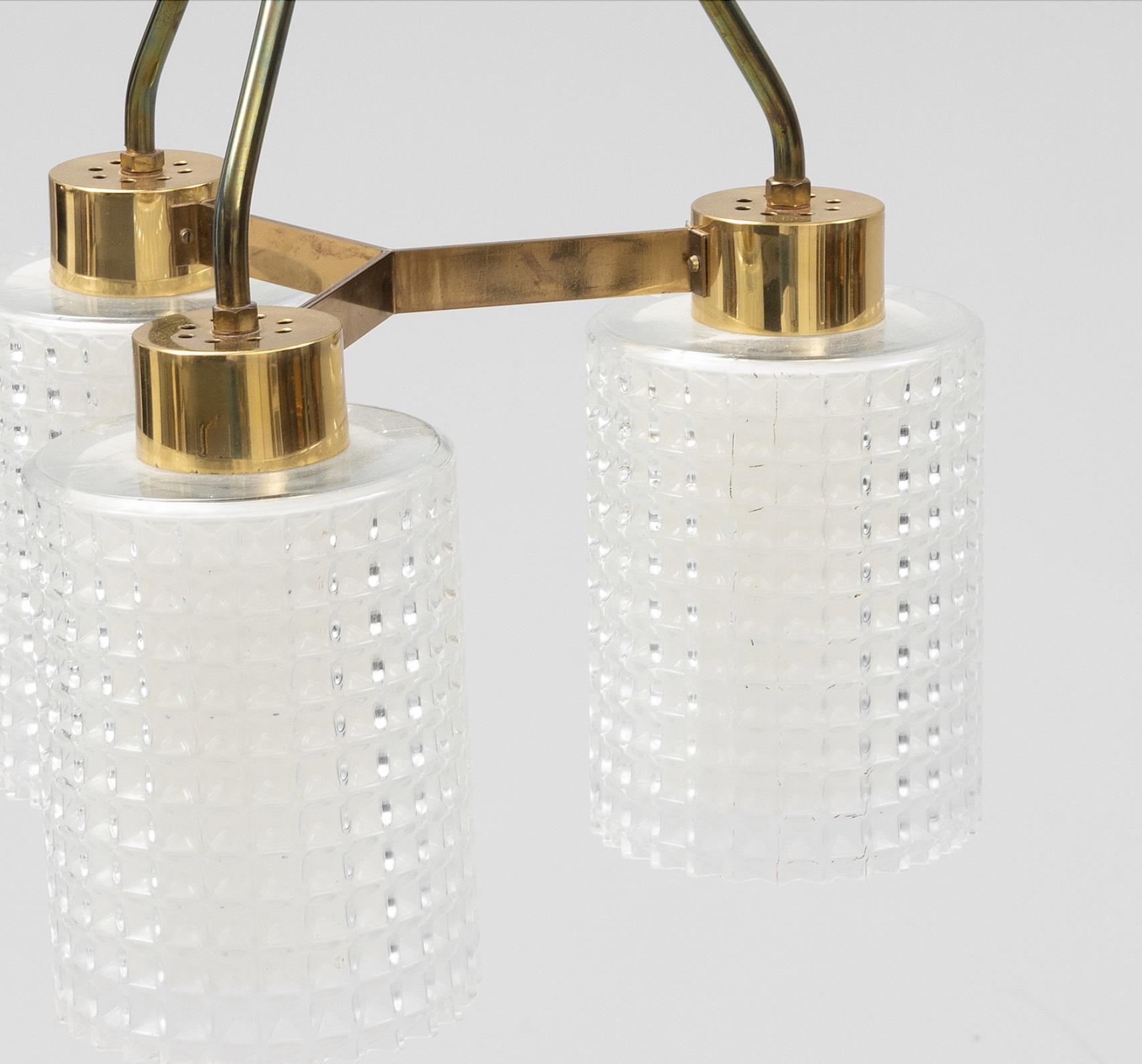 Swedish Glass and Brass Pendant 3 Lights by Orrefors Sweden, 1960 For Sale