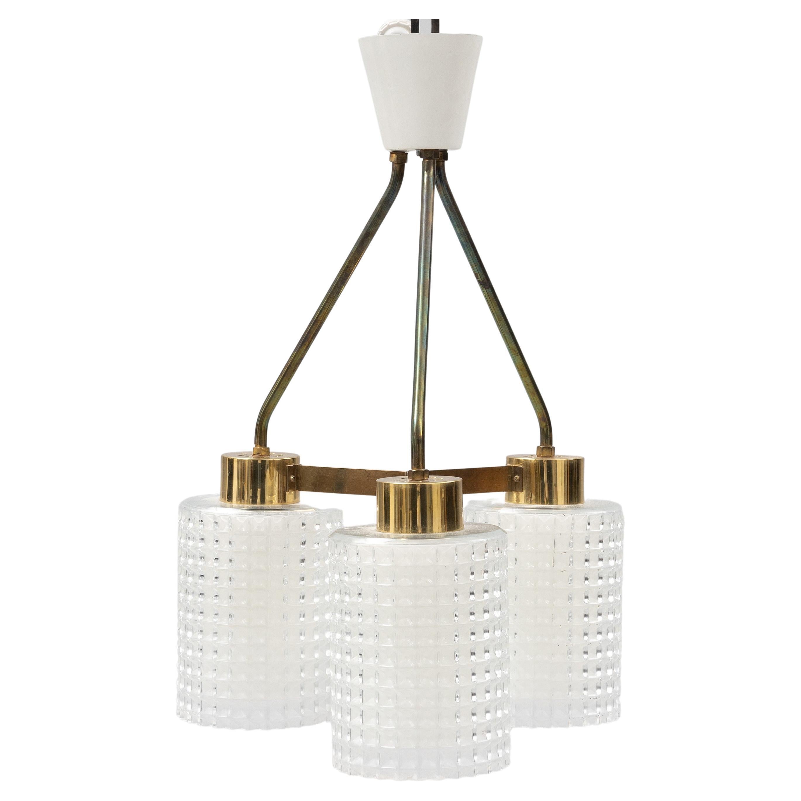 Glass and Brass Pendant 3 Lights by Orrefors Sweden, 1960