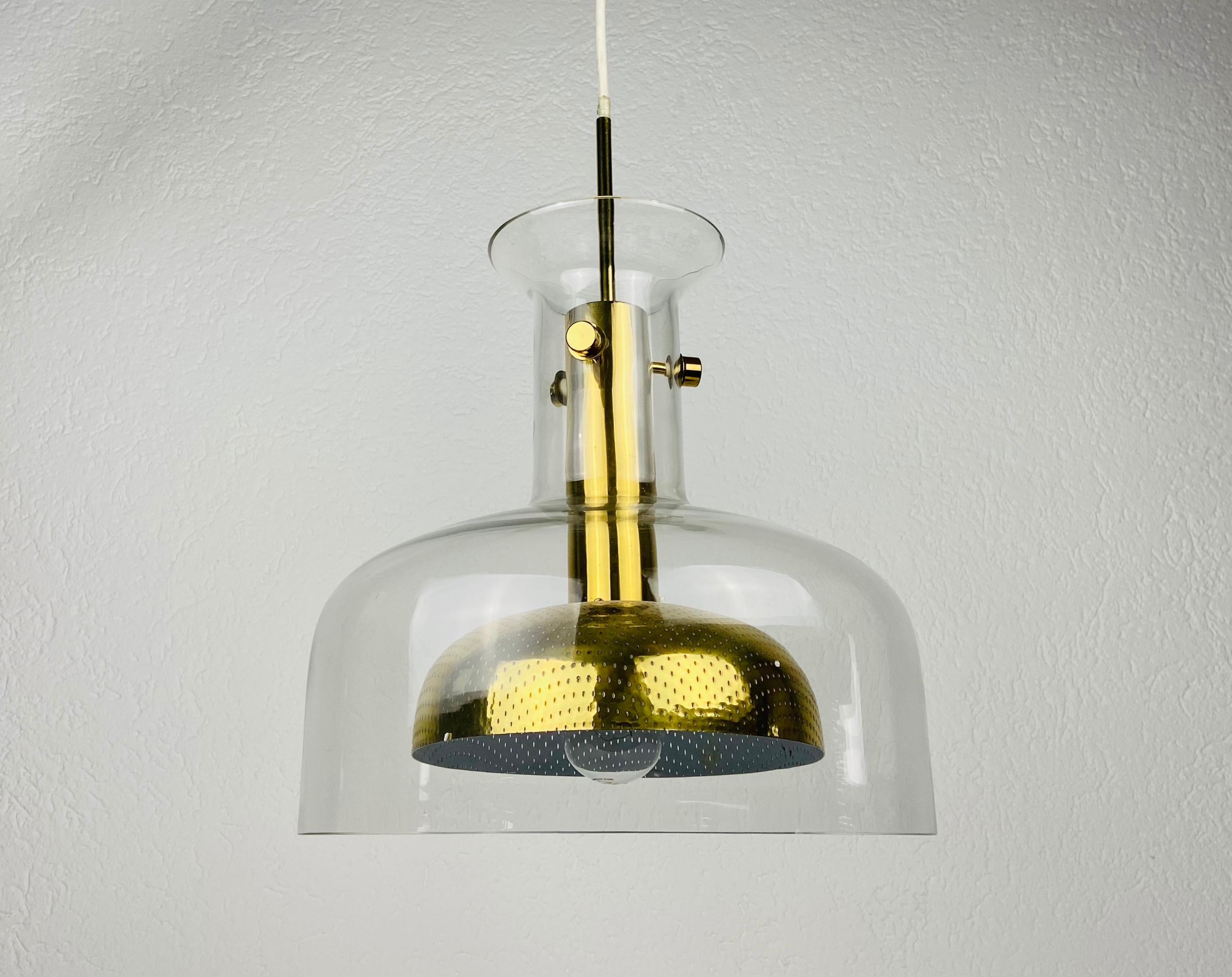 Mid-Century Modern Glass and Brass Pendant Lamp by Anders Pehrson for Atelje Lyktan, Sweden 1960s For Sale