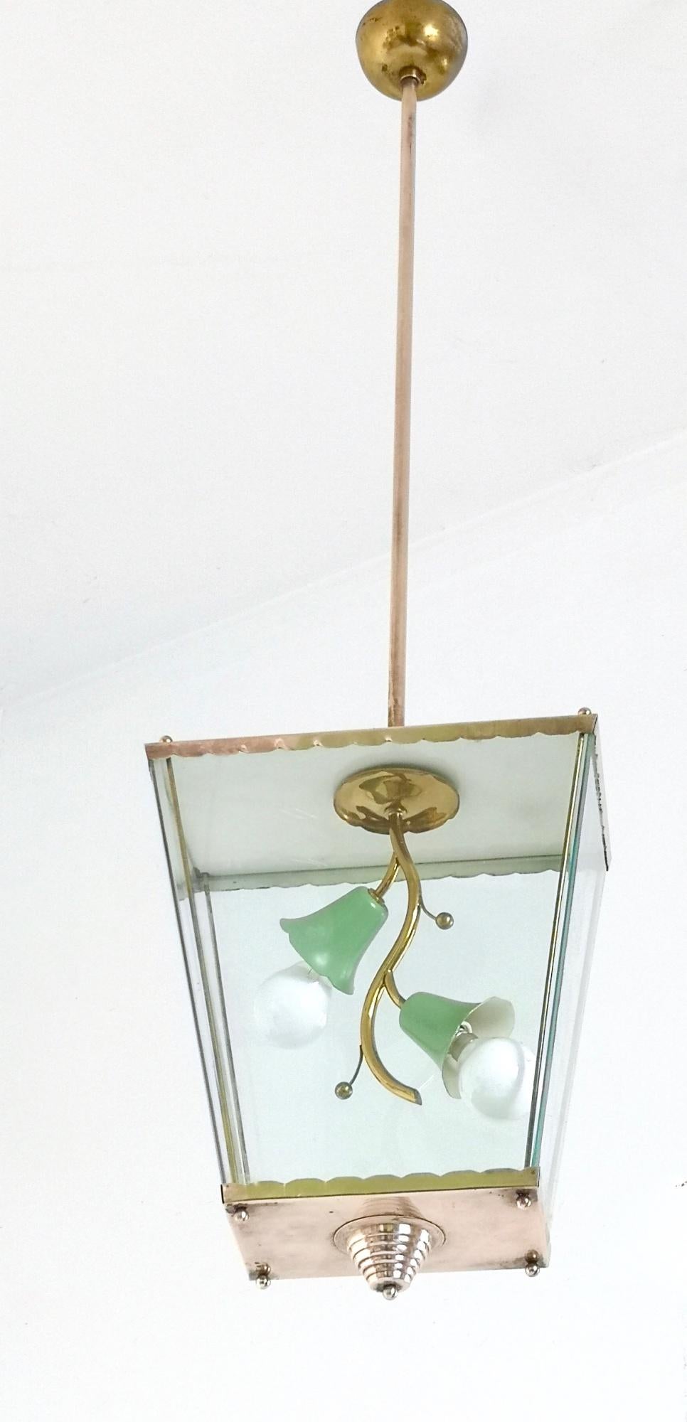 Italian Glass and Brass Pendant Lantern in the Style of Fontana Arte, Italy, 1940s