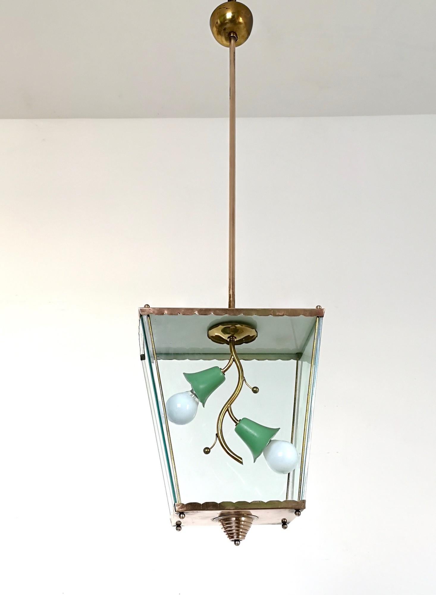 Glass and Brass Pendant Lantern in the Style of Fontana Arte, Italy, 1940s In Excellent Condition In Bresso, Lombardy