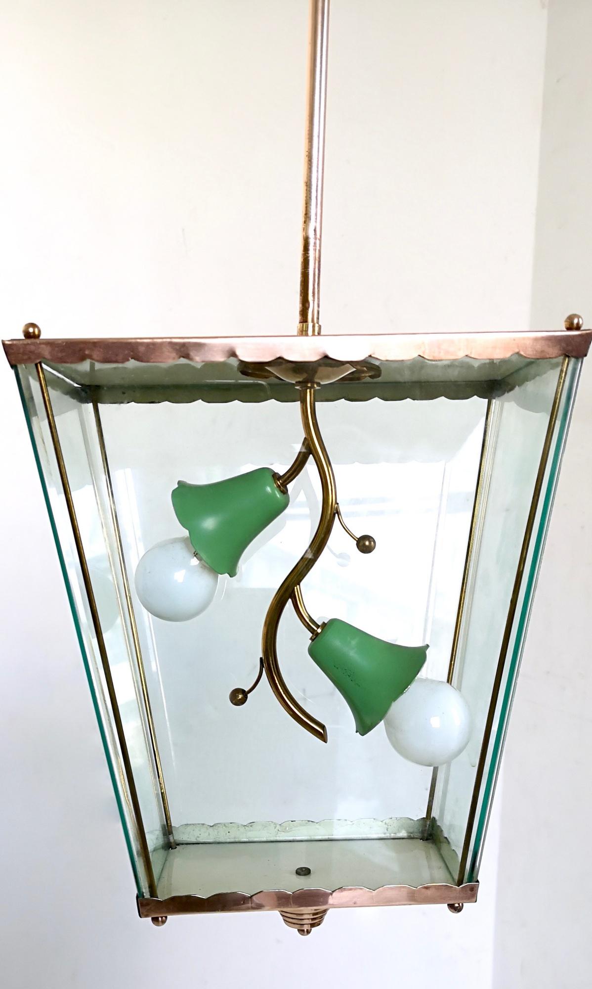 Mid-20th Century Glass and Brass Pendant Lantern in the Style of Fontana Arte, Italy, 1940s