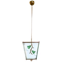 Glass and Brass Pendant Lantern in the Style of Fontana Arte, Italy, 1940s