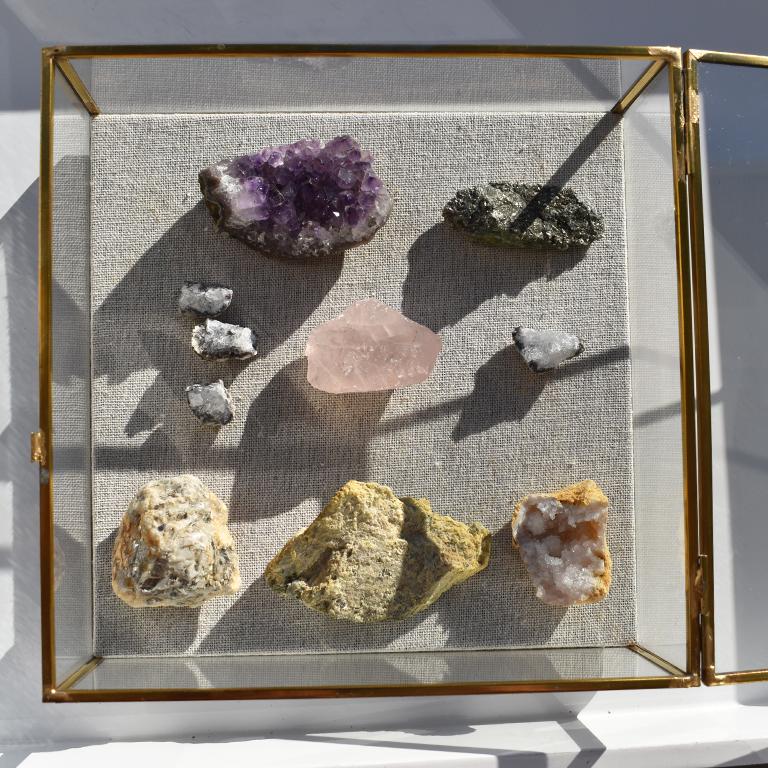 Folk Art Glass and Brass Shadow Box with Linen Backing and Gemstone Quartz Rocks