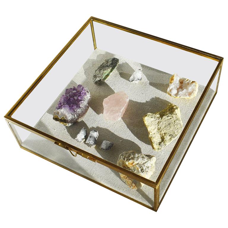 Glass and Brass Shadow Box with Linen Backing and Gemstone Quartz Rocks