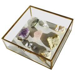 Glass and Brass Shadow Box with Linen Backing and Gemstone Quartz Rocks