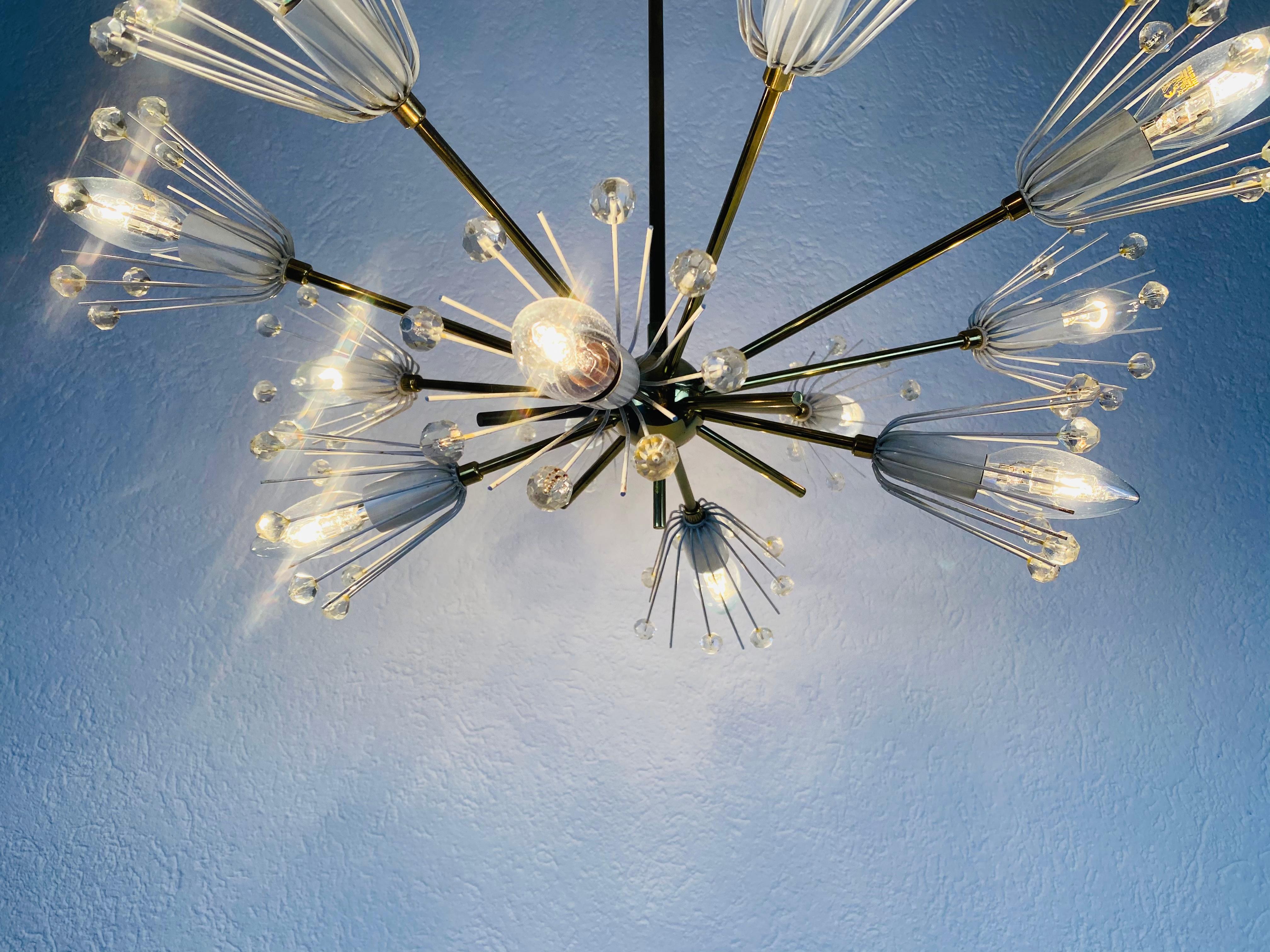 Mid-Century Modern Glass and Brass 'Snowflake' Chandelier by Emil Stejnar for Rupert Nikoll, 1960s For Sale